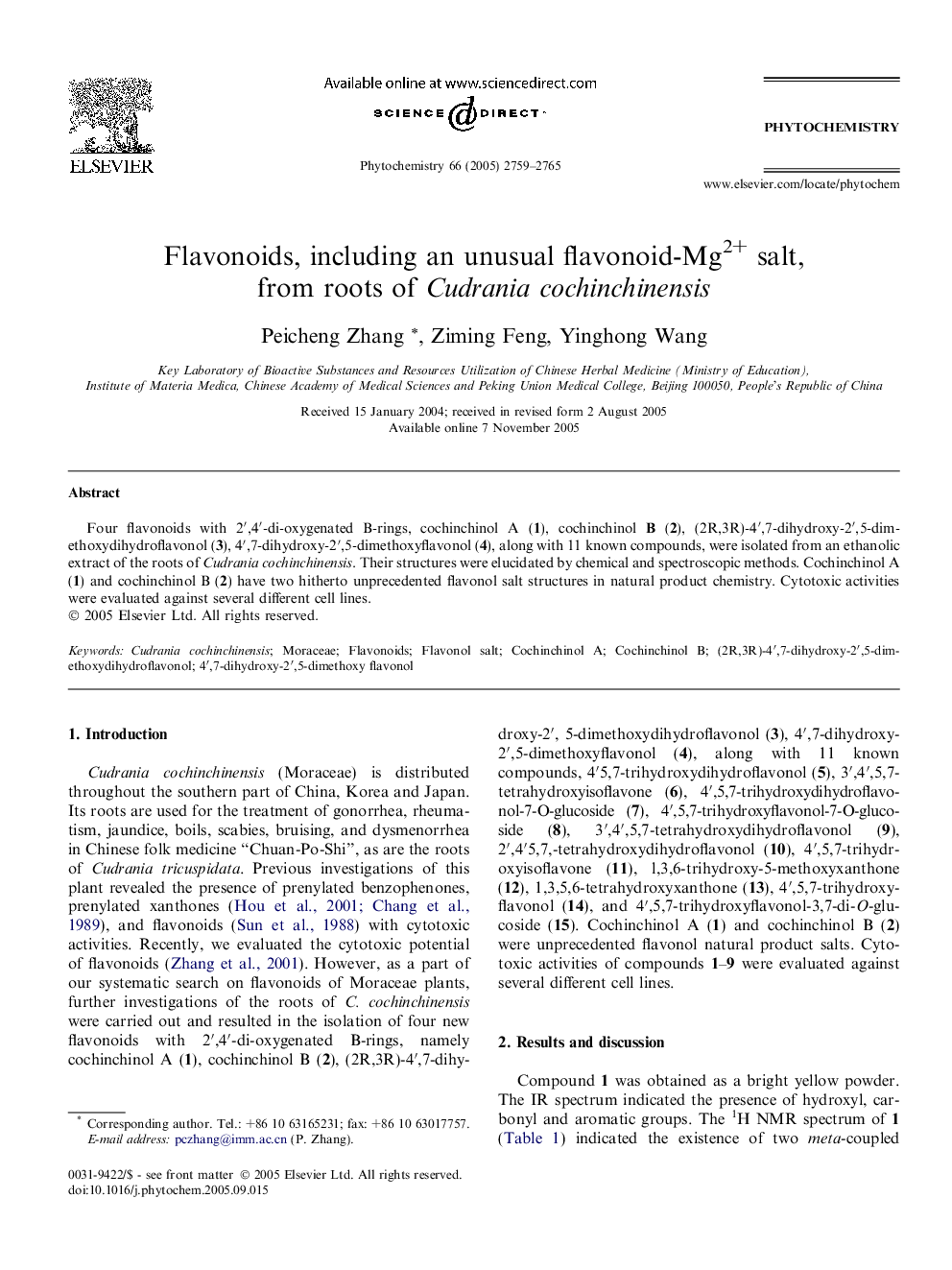 Flavonoids, including an unusual flavonoid-Mg2+ salt, from roots of Cudrania cochinchinensis