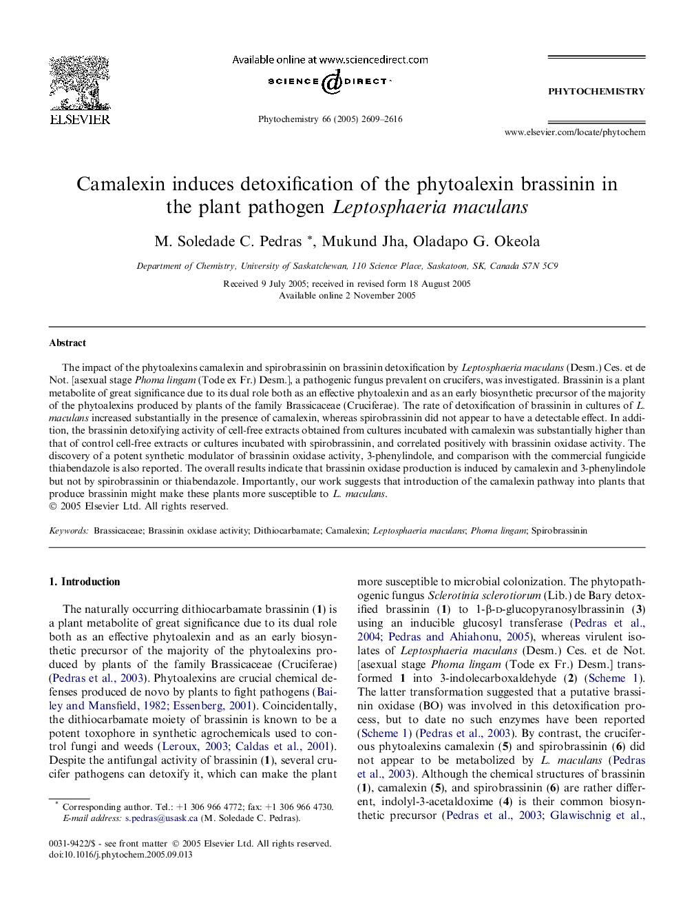 Camalexin induces detoxification of the phytoalexin brassinin in the plant pathogen Leptosphaeria maculans