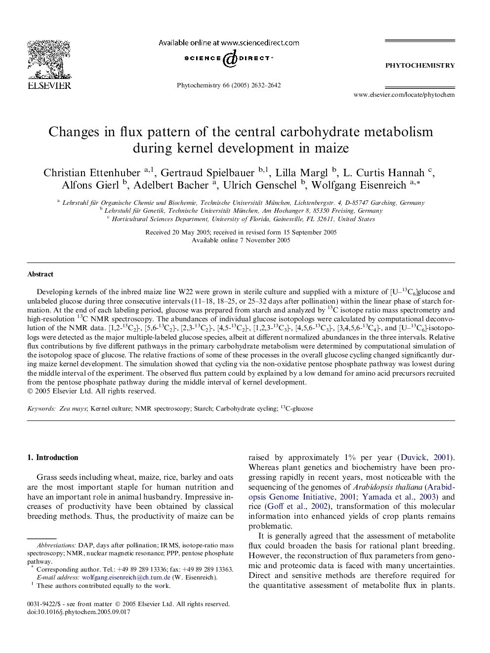 Changes in flux pattern of the central carbohydrate metabolism during kernel development in maize