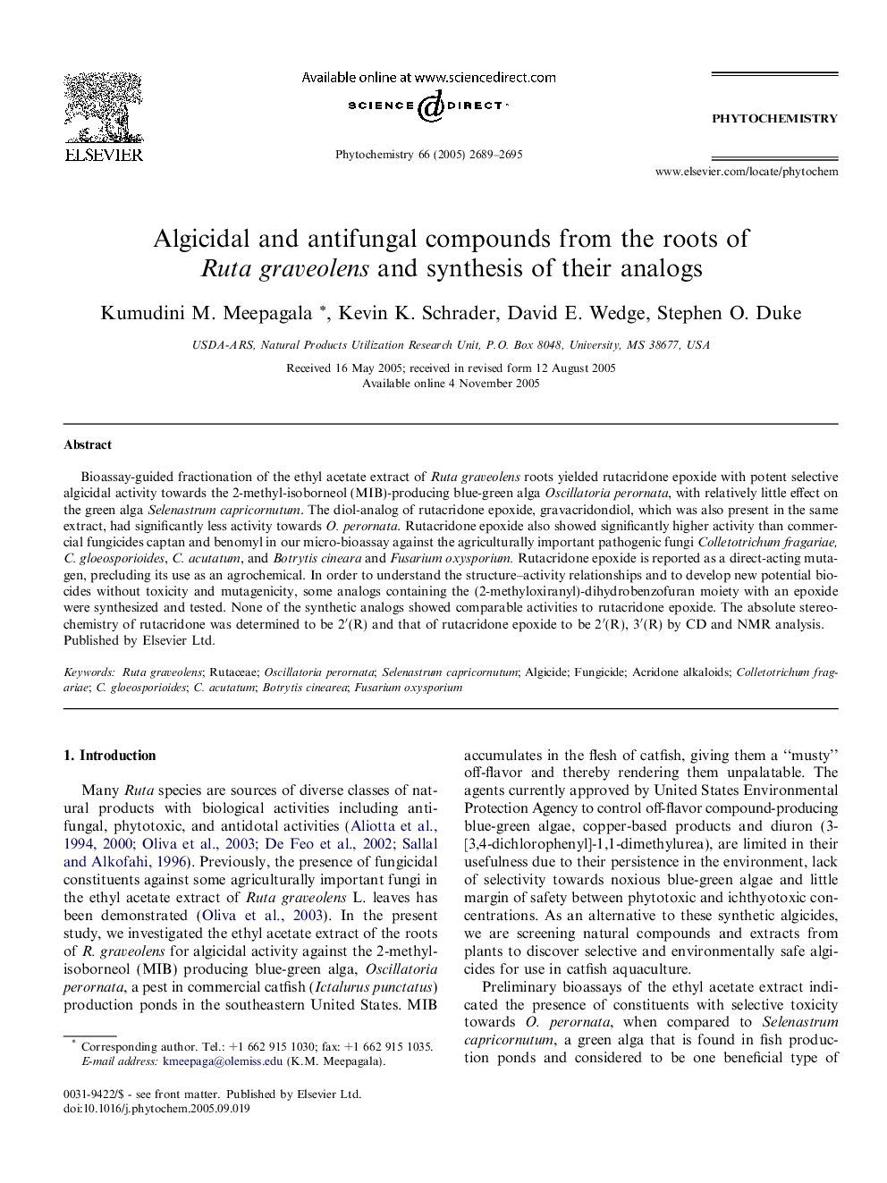 Algicidal and antifungal compounds from the roots of Ruta graveolens and synthesis of their analogs