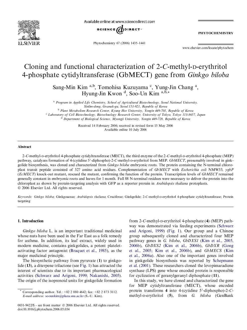 Cloning and functional characterization of 2-C-methyl-d-erythritol 4-phosphate cytidyltransferase (GbMECT) gene from Ginkgo biloba