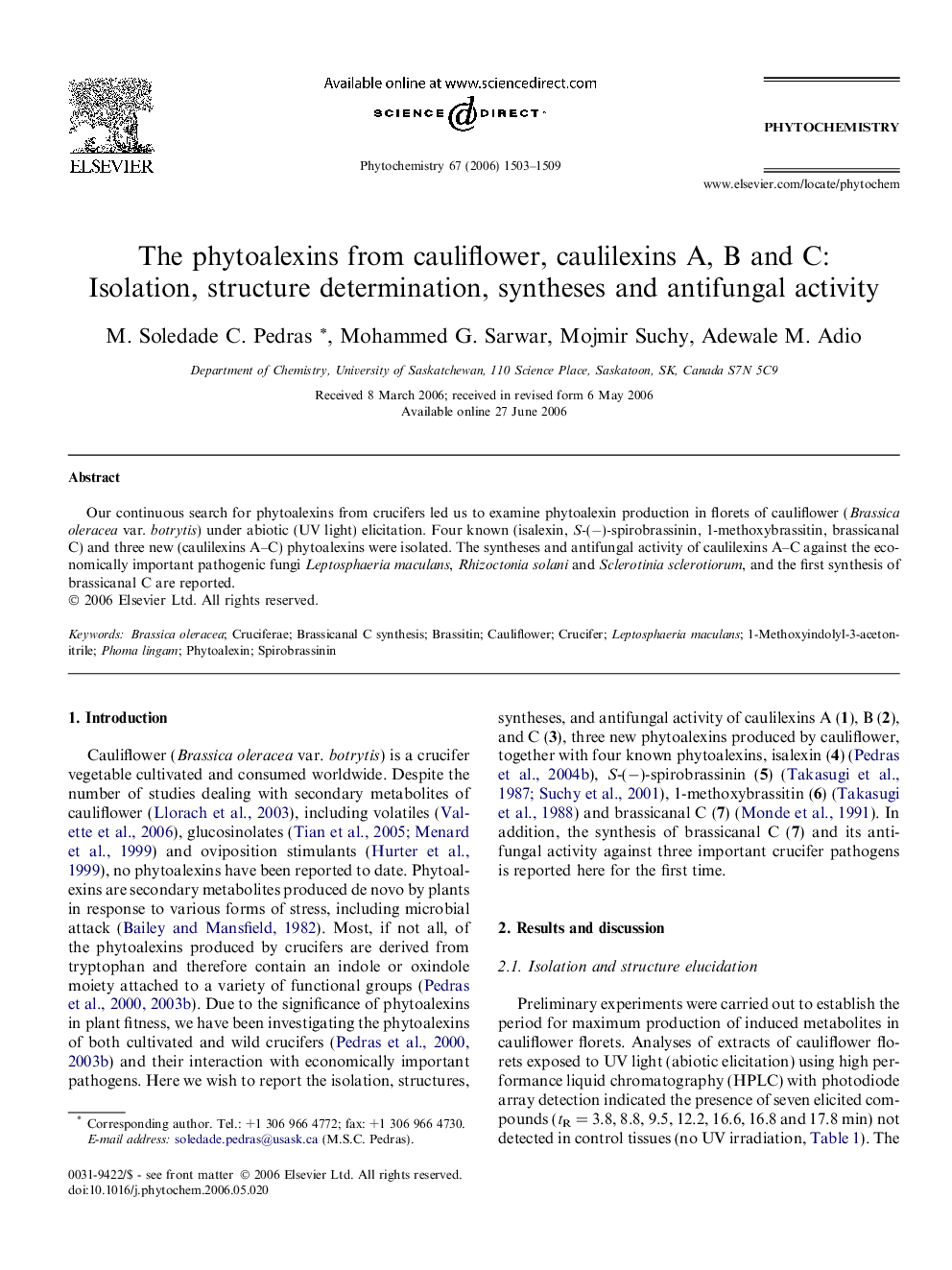 The phytoalexins from cauliflower, caulilexins A, B and C: Isolation, structure determination, syntheses and antifungal activity