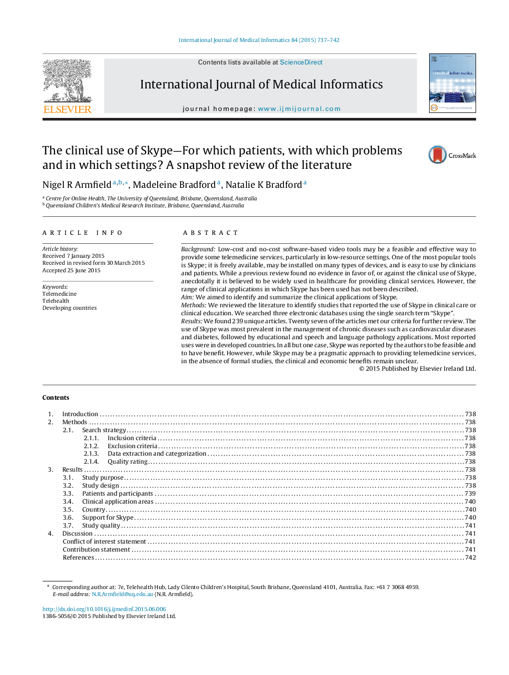 The clinical use of Skype—For which patients, with which problems and in which settings? A snapshot review of the literature