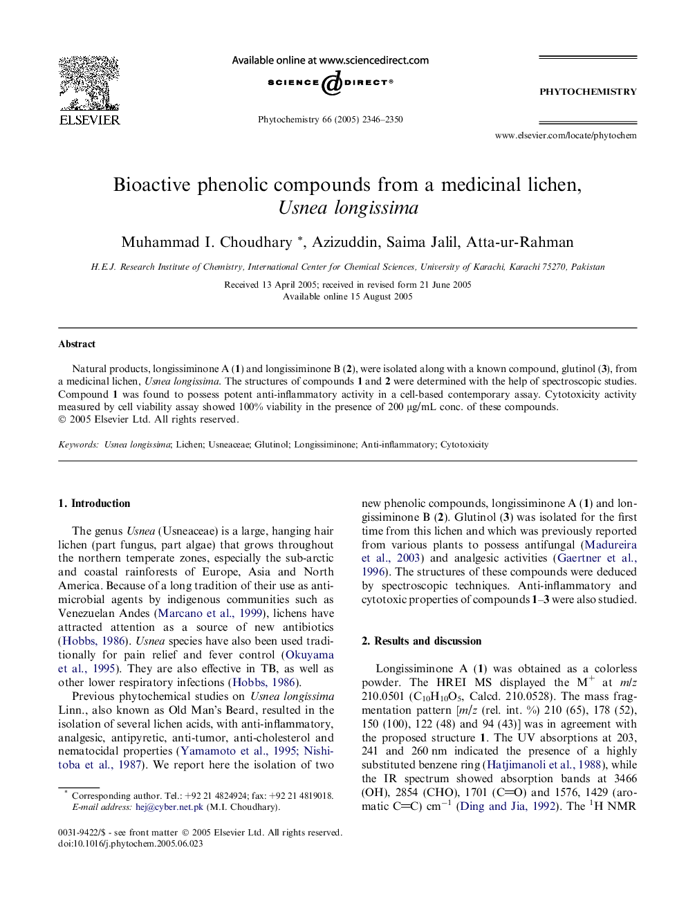 Bioactive phenolic compounds from a medicinal lichen, Usnea longissima