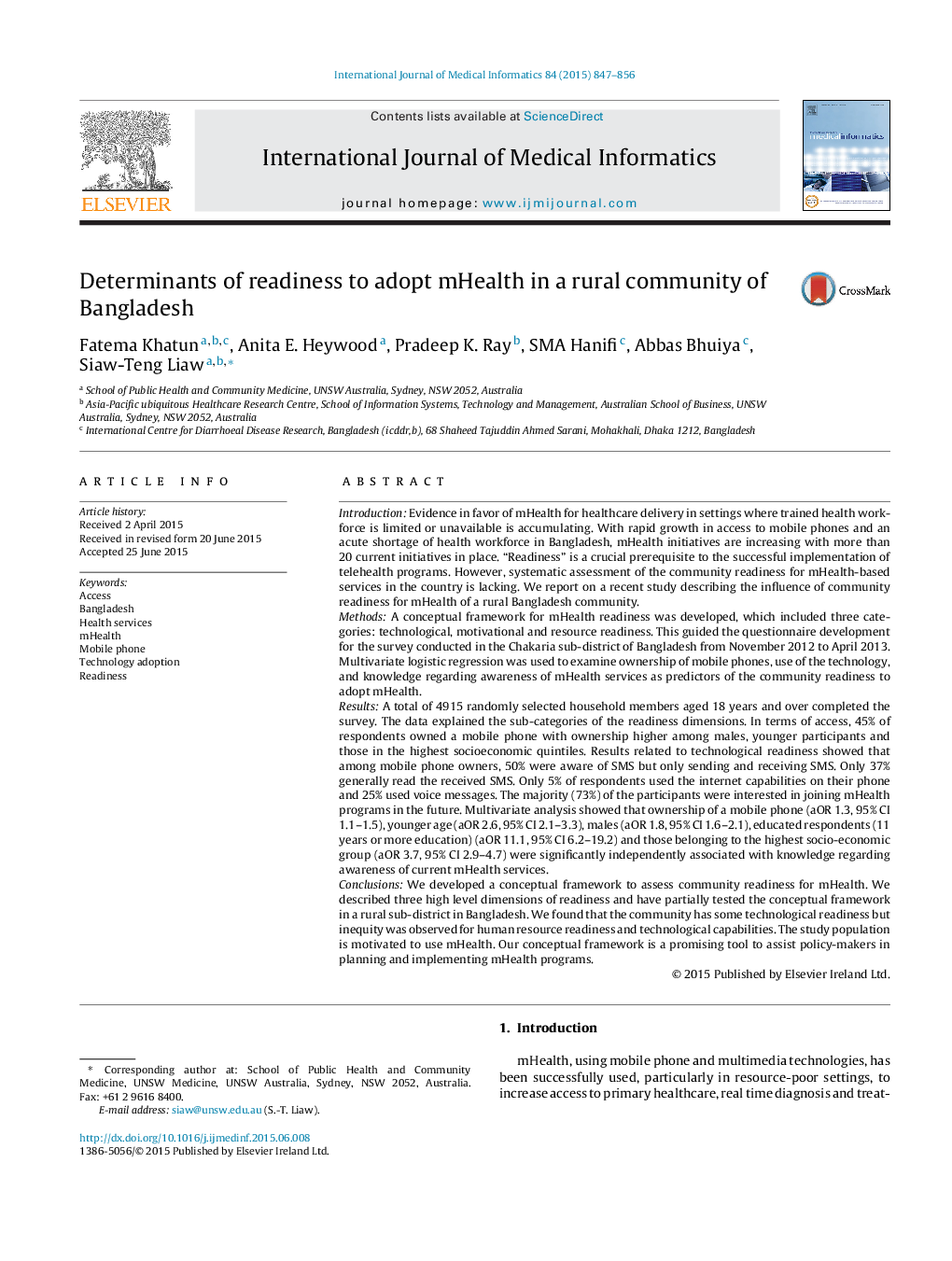 Determinants of readiness to adopt mHealth in a rural community of Bangladesh