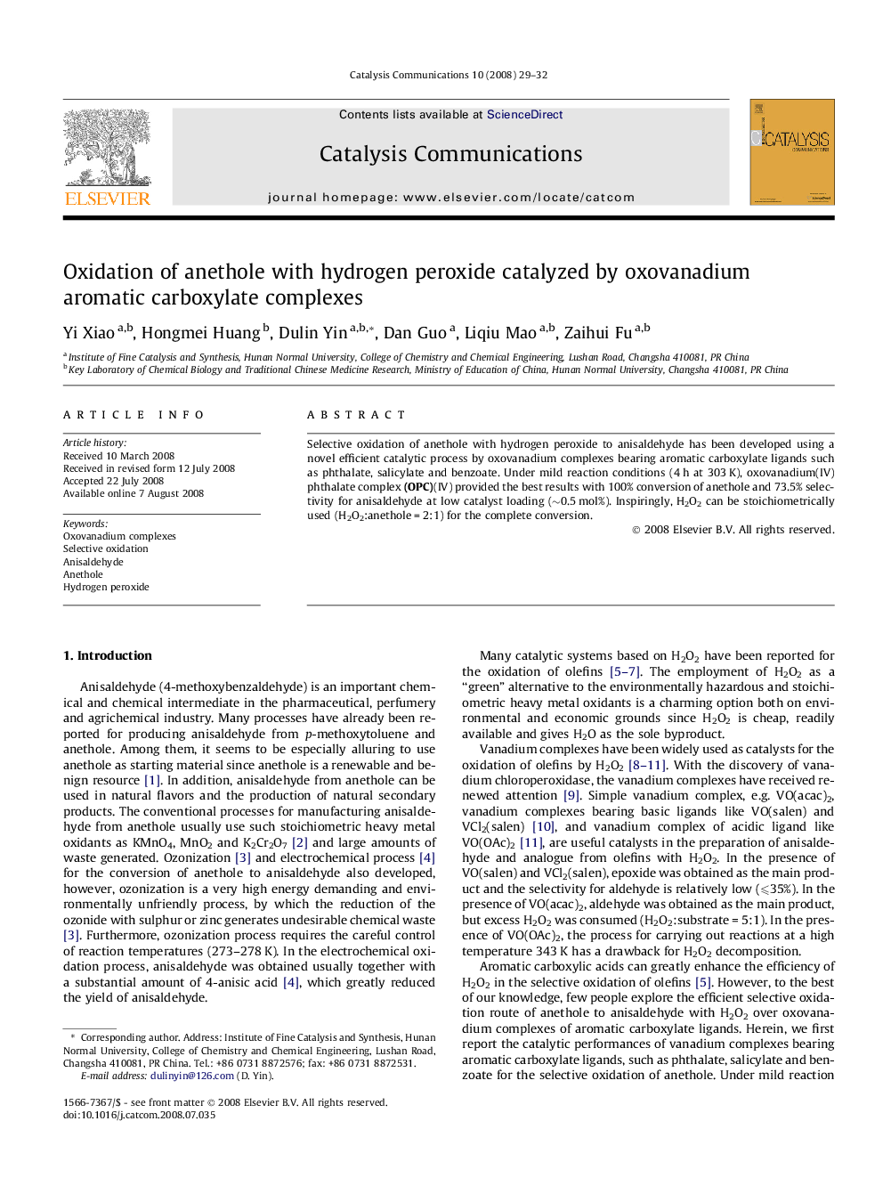 عکس صفحه اول مقاله: Oxidation of anethole with hydrogen peroxide catalyzed by oxovanadium aromatic carboxylate complexes Oxidation of anethole with hydrogen peroxide catalyzed by oxovanadium aromatic carboxylate complexes
