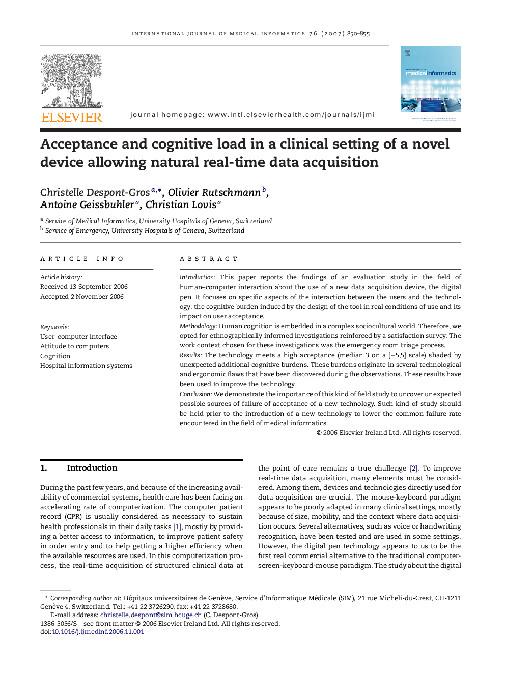 Acceptance and cognitive load in a clinical setting of a novel device allowing natural real-time data acquisition