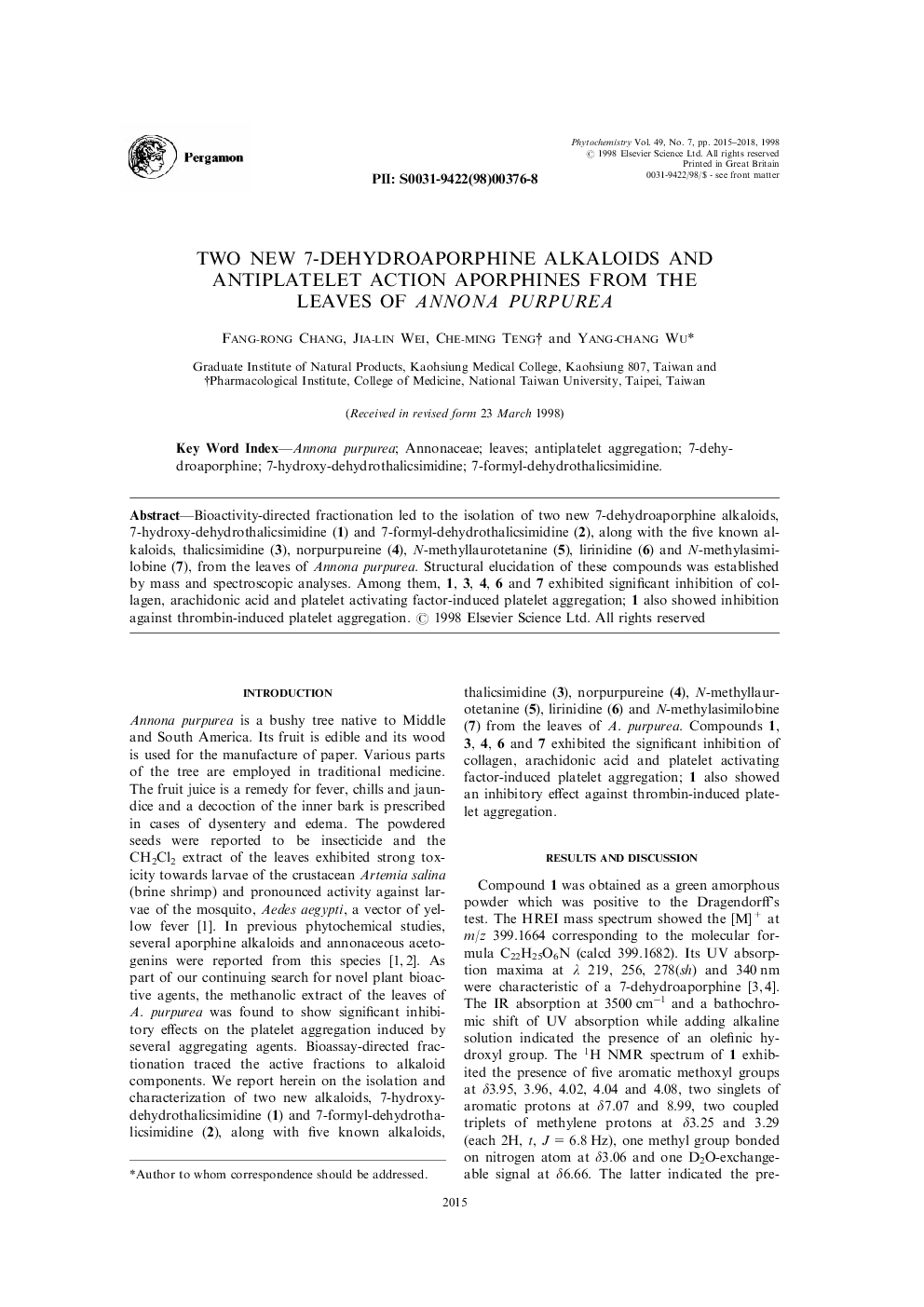 Two new 7-dehydroaporphine alkaloids and antiplatelet action aporphines from the leaves of Annona purpurea