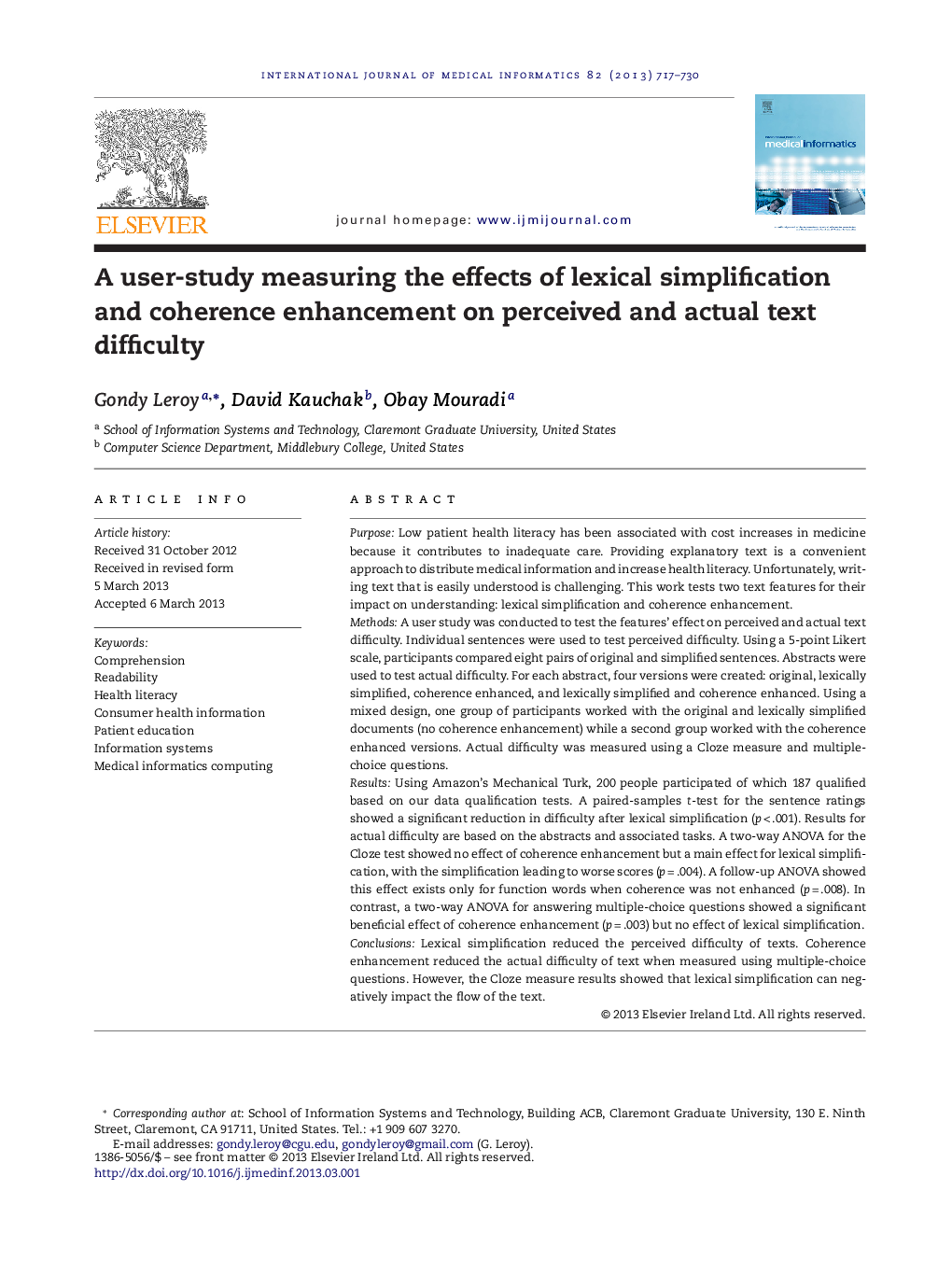 A user-study measuring the effects of lexical simplification and coherence enhancement on perceived and actual text difficulty