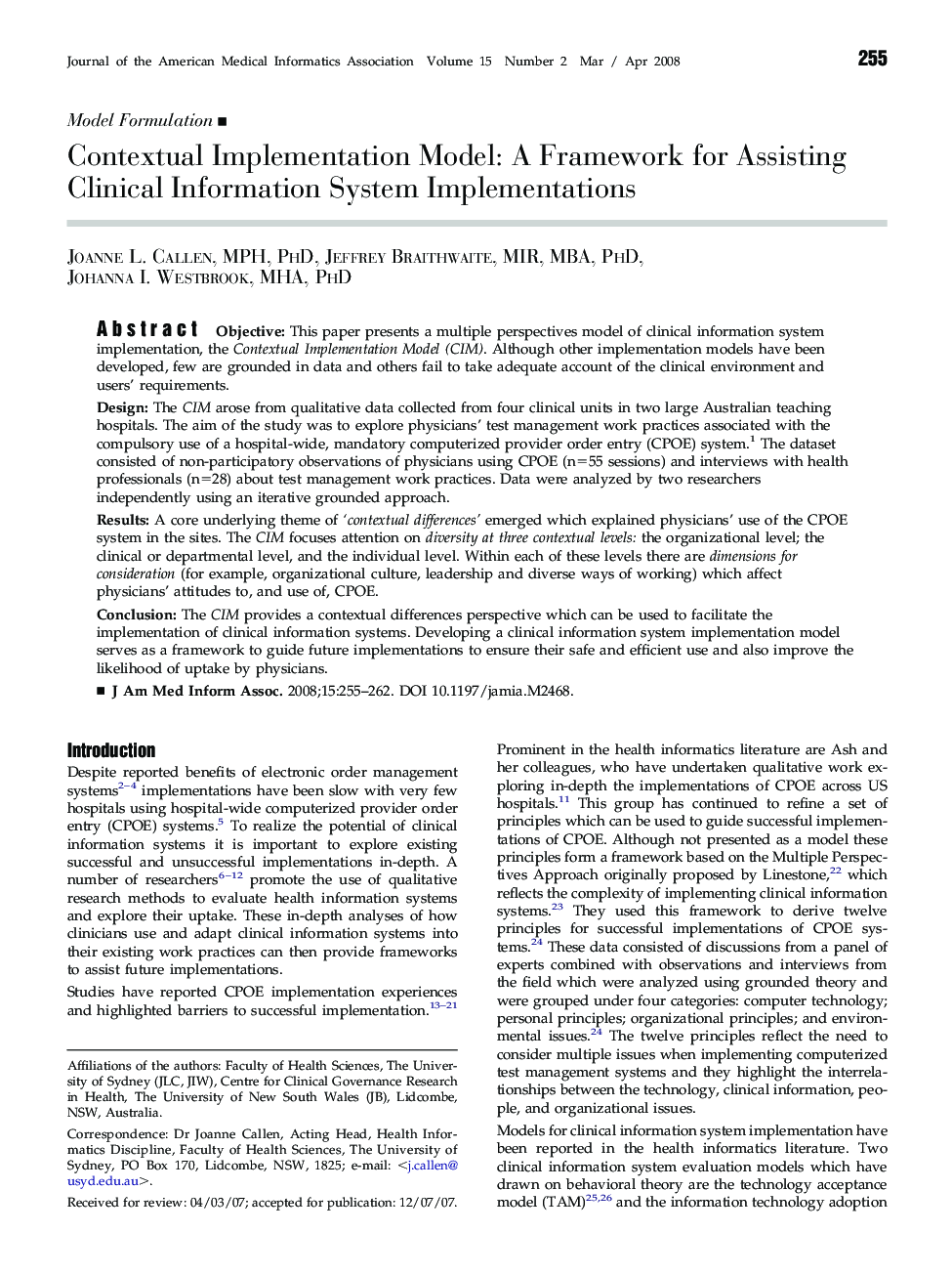 Contextual Implementation Model: A Framework for Assisting Clinical Information System Implementations