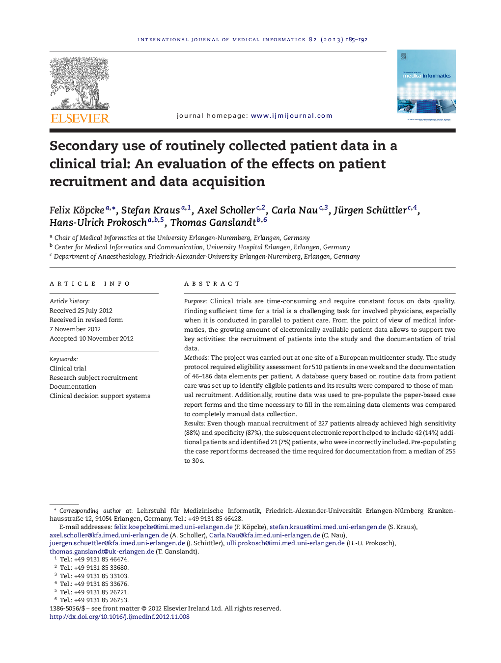 عکس صفحه اول مقاله: Secondary use of routinely collected patient data in a clinical trial: An evaluation of the effects on patient recruitment and data acquisition Secondary use of routinely collected patient data in a clinical trial: An evaluation of the effects on patient recruitment and data acquisition