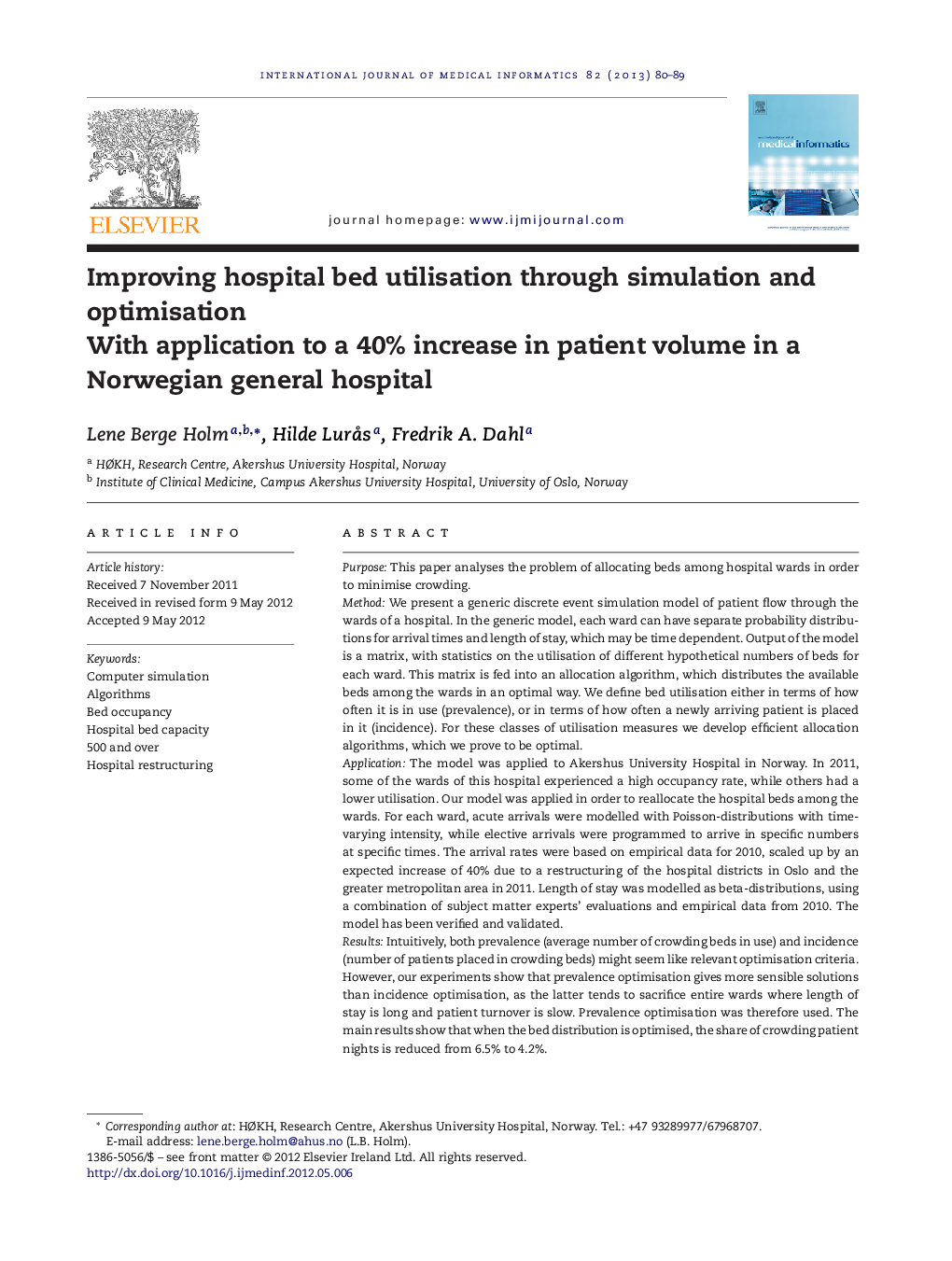 Improving hospital bed utilisation through simulation and optimisation: With application to a 40% increase in patient volume in a Norwegian general hospital