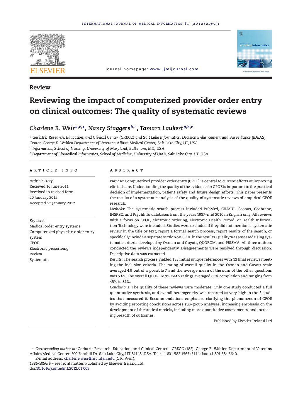 Reviewing the impact of computerized provider order entry on clinical outcomes: The quality of systematic reviews