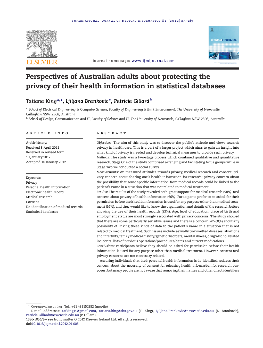 Perspectives of Australian adults about protecting the privacy of their health information in statistical databases