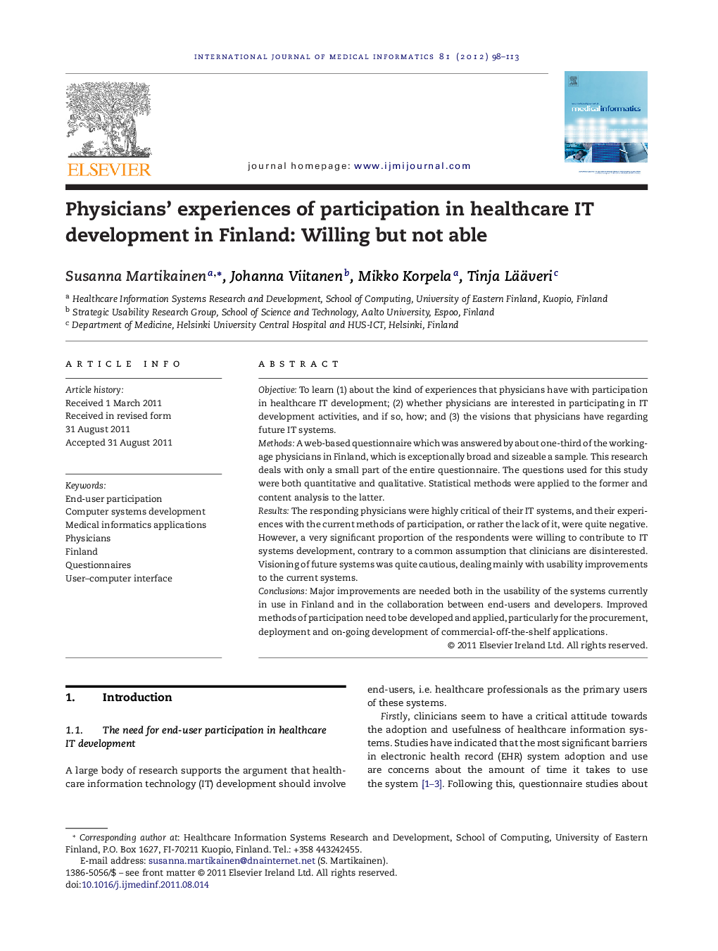 Physicians’ experiences of participation in healthcare IT development in Finland: Willing but not able