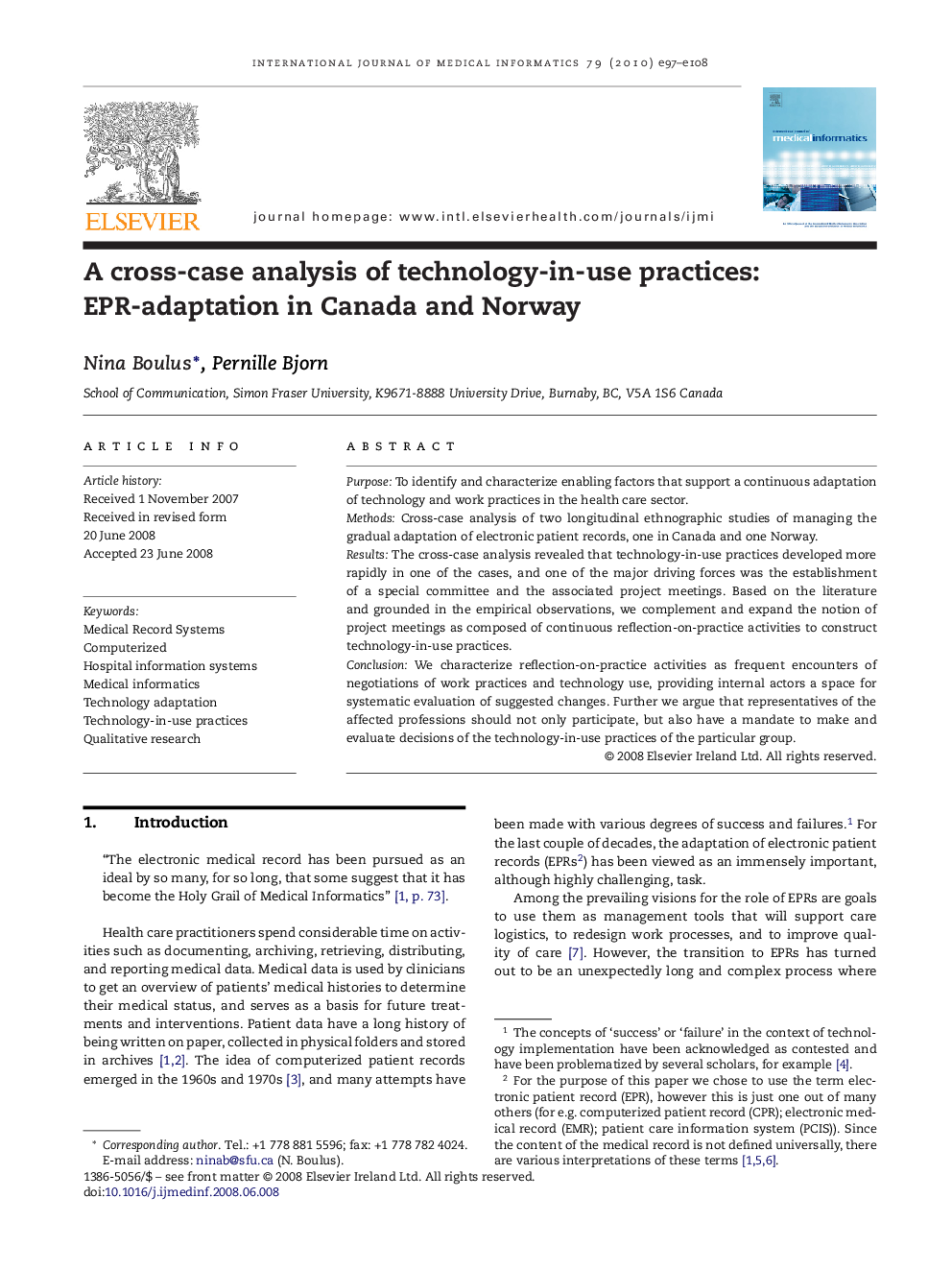 A cross-case analysis of technology-in-use practices: EPR-adaptation in Canada and Norway