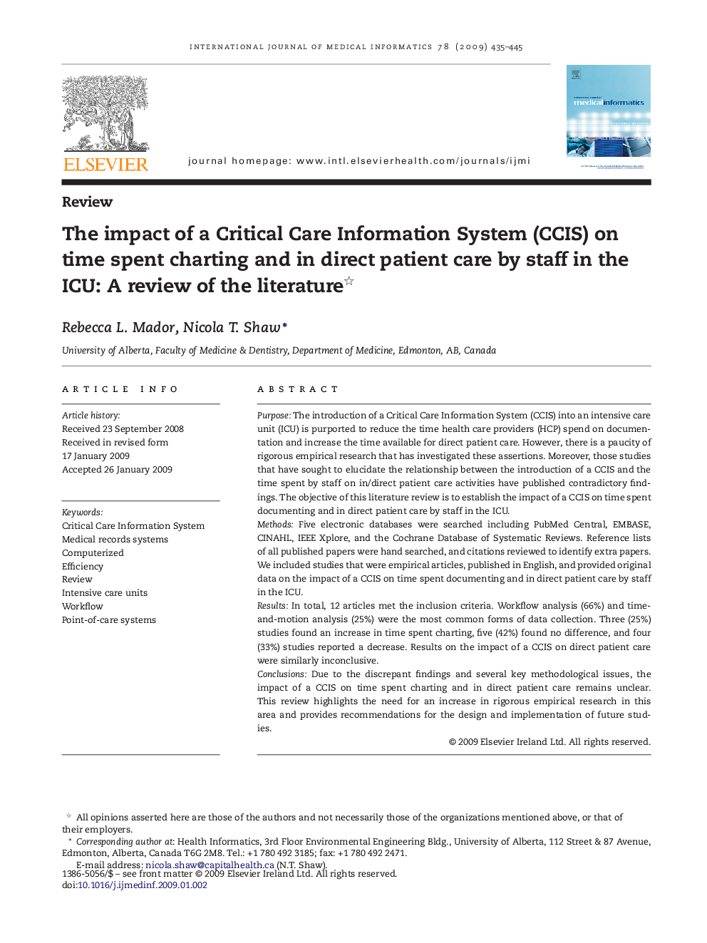 The impact of a Critical Care Information System (CCIS) on time spent charting and in direct patient care by staff in the ICU: A review of the literature 