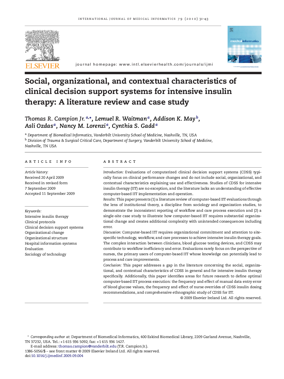 Social, organizational, and contextual characteristics of clinical decision support systems for intensive insulin therapy: A literature review and case study