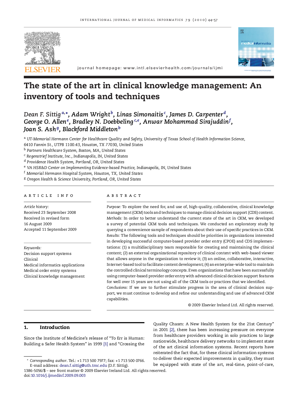 The state of the art in clinical knowledge management: An inventory of tools and techniques