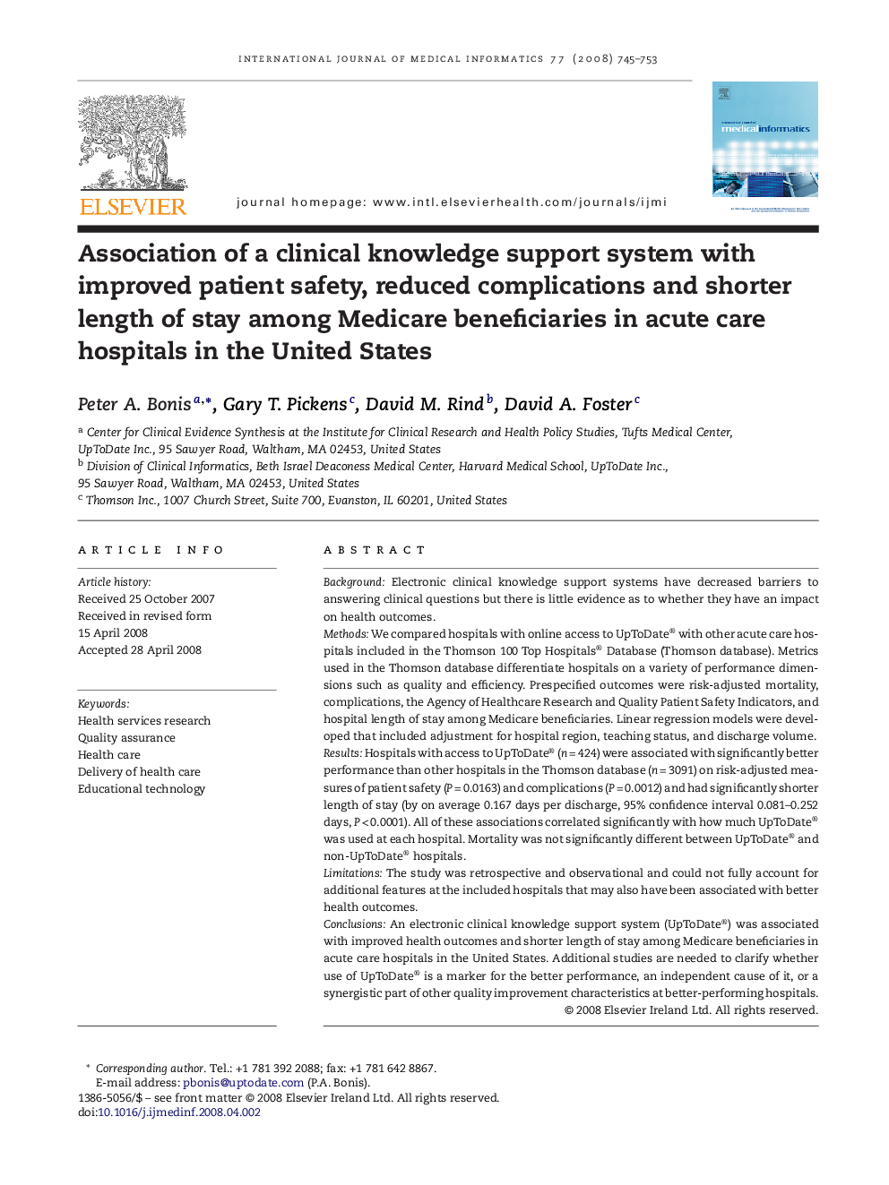 Association of a clinical knowledge support system with improved patient safety, reduced complications and shorter length of stay among Medicare beneficiaries in acute care hospitals in the United States