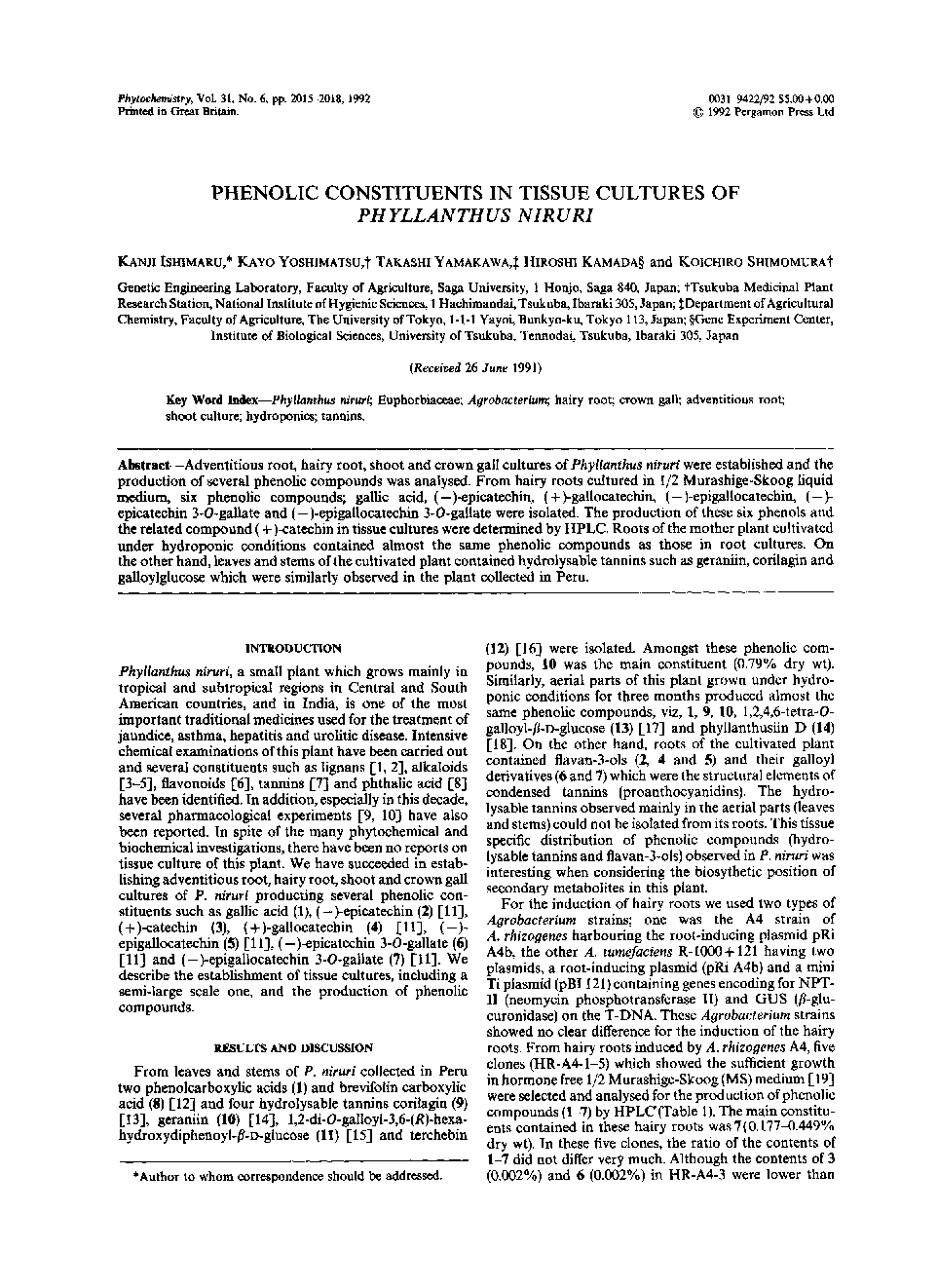 Phenolic constituents in tissue cultures of Phyllanthus niruri
