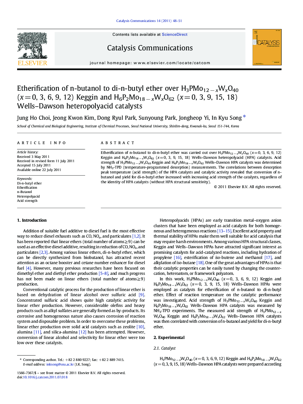 Etherification of n-butanol to di-n-butyl ether over H3PMo12 − xWxO40 (x = 0, 3, 6, 9, 12) Keggin and H6P2Mo18 − xWxO62 (x = 0, 3, 9, 15, 18) Wells–Dawson heteropolyacid catalysts