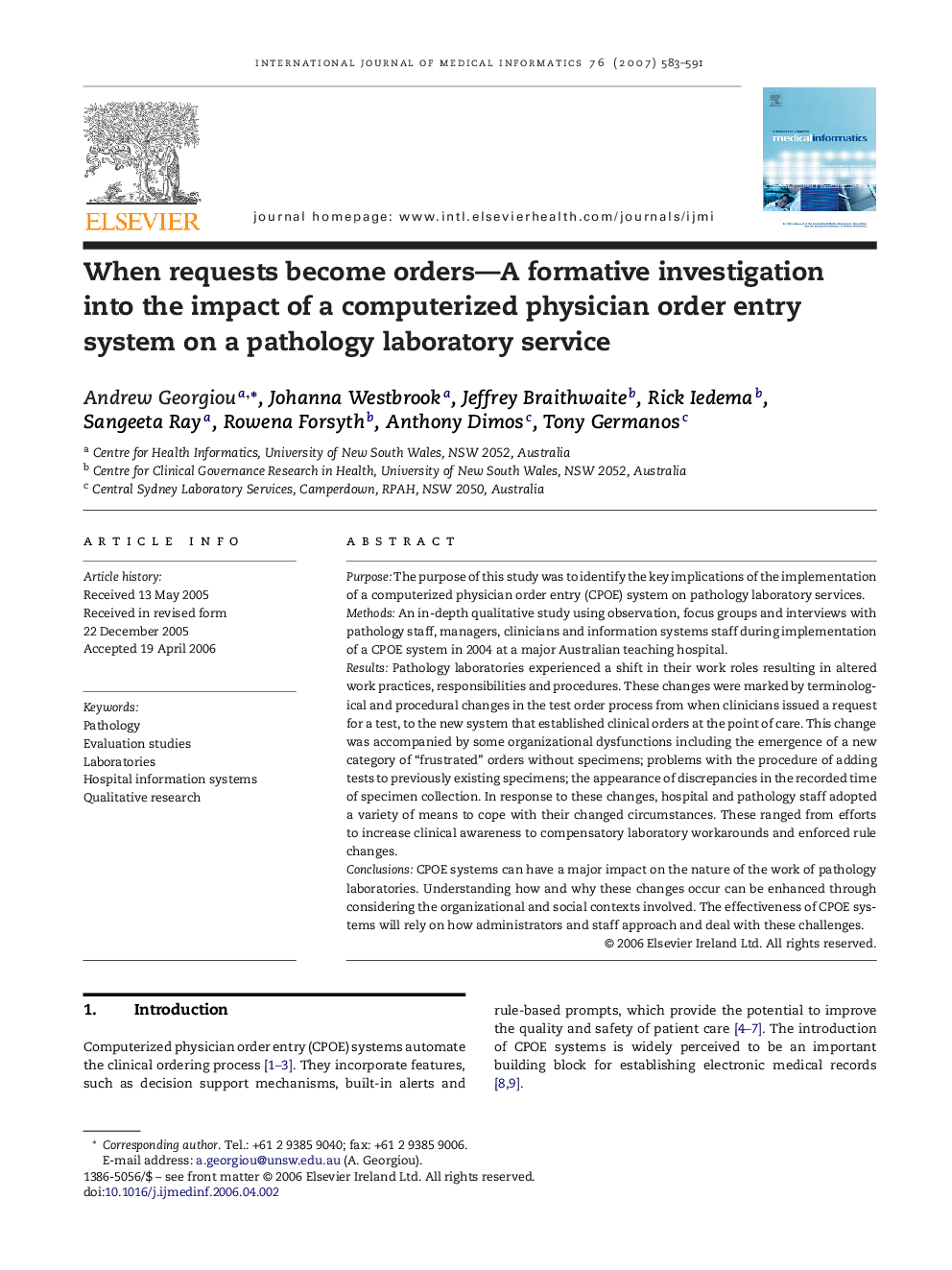 When requests become orders—A formative investigation into the impact of a computerized physician order entry system on a pathology laboratory service