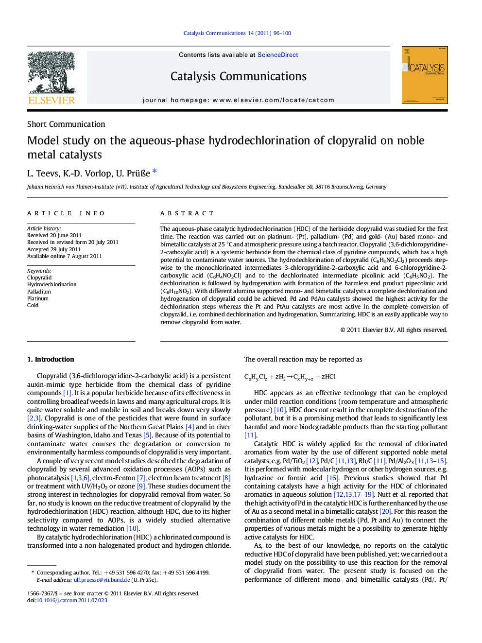 Model study on the aqueous-phase hydrodechlorination of clopyralid on noble metal catalysts