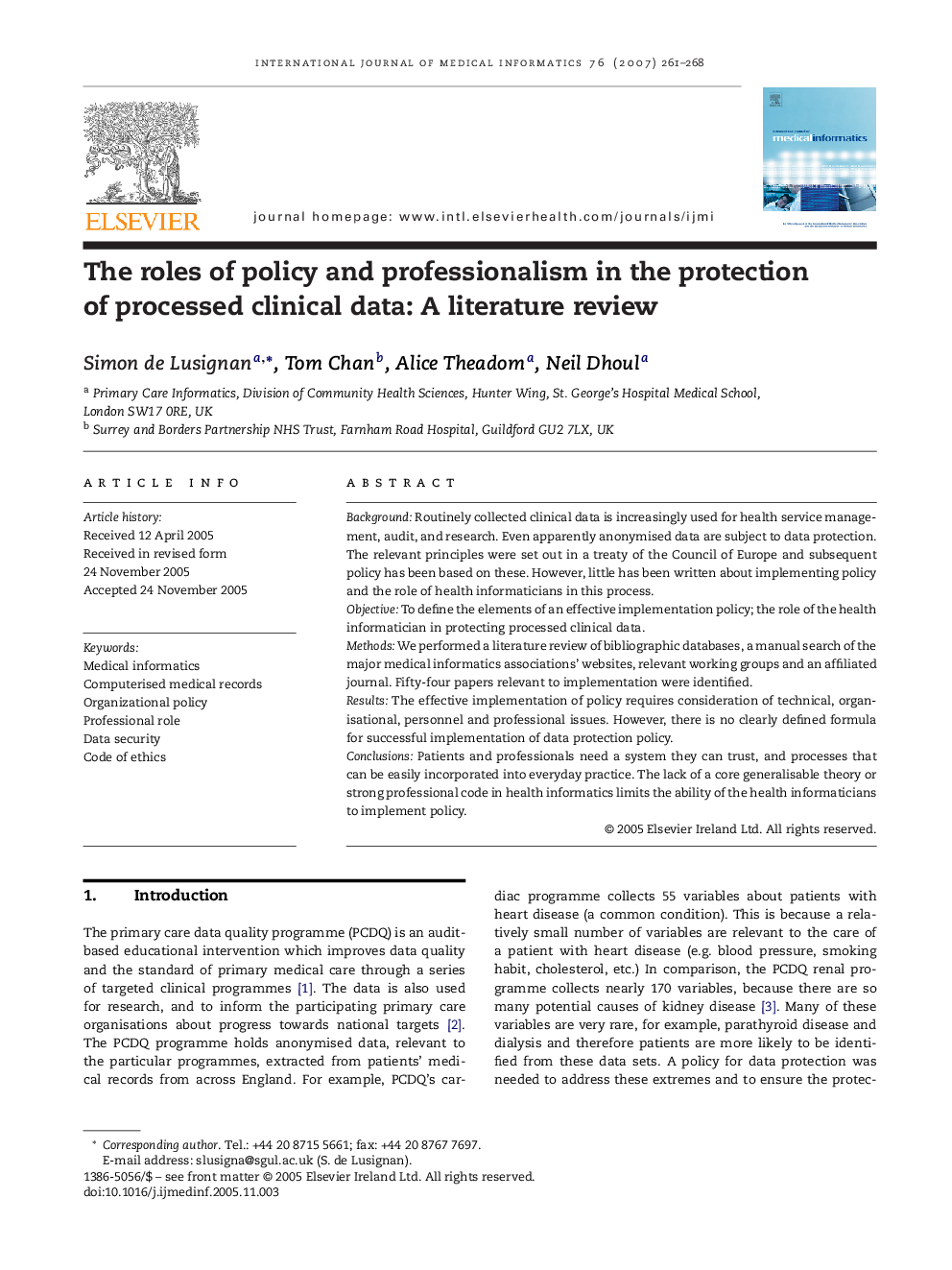 The roles of policy and professionalism in the protection of processed clinical data: A literature review