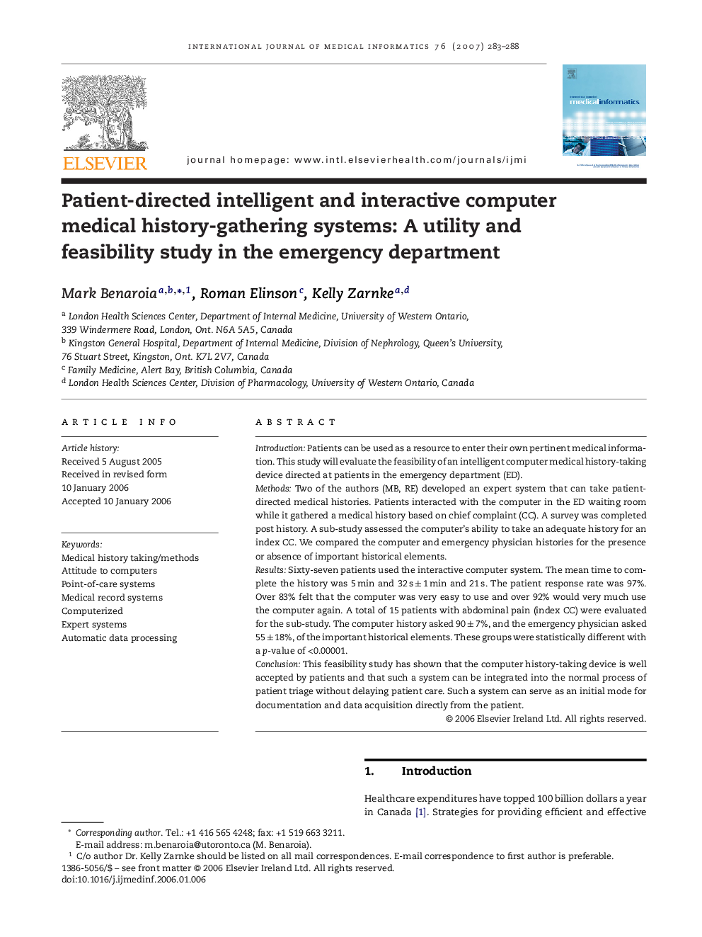 Patient-directed intelligent and interactive computer medical history-gathering systems: A utility and feasibility study in the emergency department