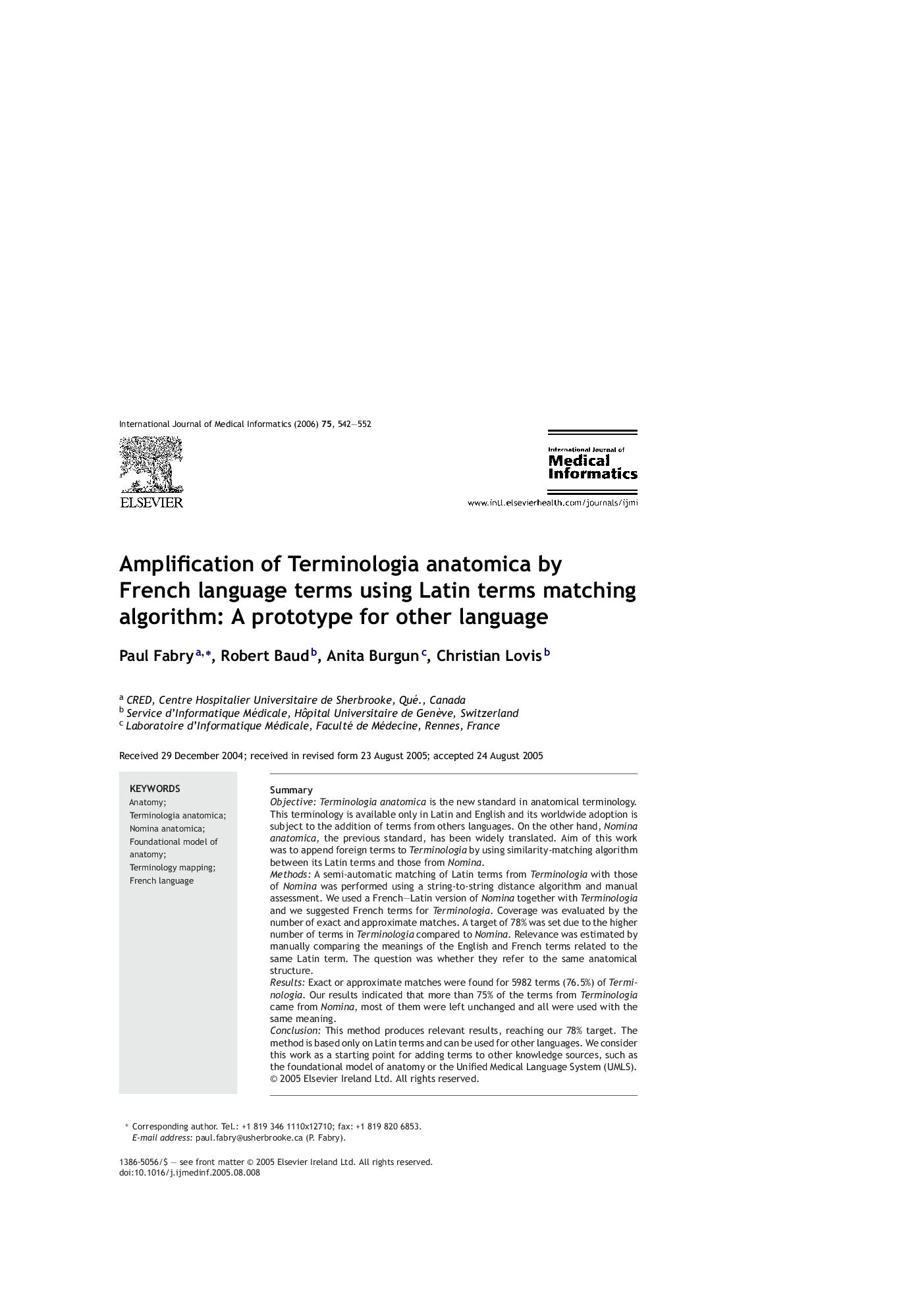 Amplification of Terminologia anatomica by French language terms using Latin terms matching algorithm: A prototype for other language