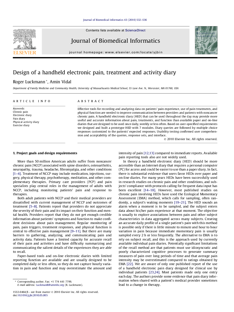 Design of a handheld electronic pain, treatment and activity diary