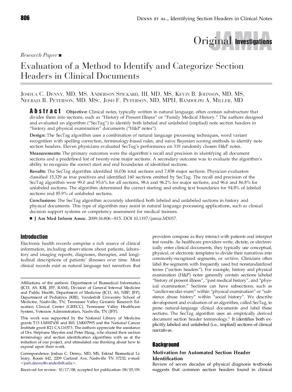 Evaluation of a Method to Identify and Categorize Section Headers in Clinical Documents