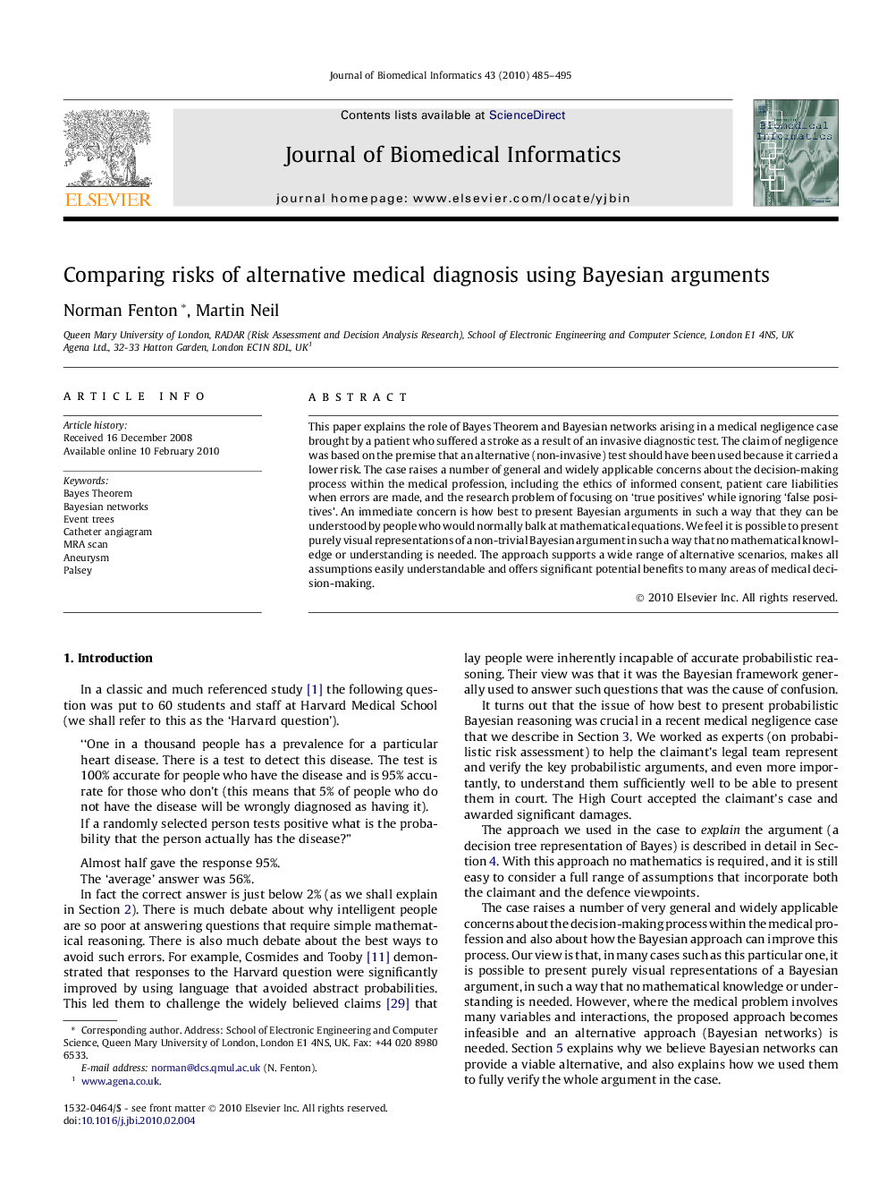 Comparing risks of alternative medical diagnosis using Bayesian arguments