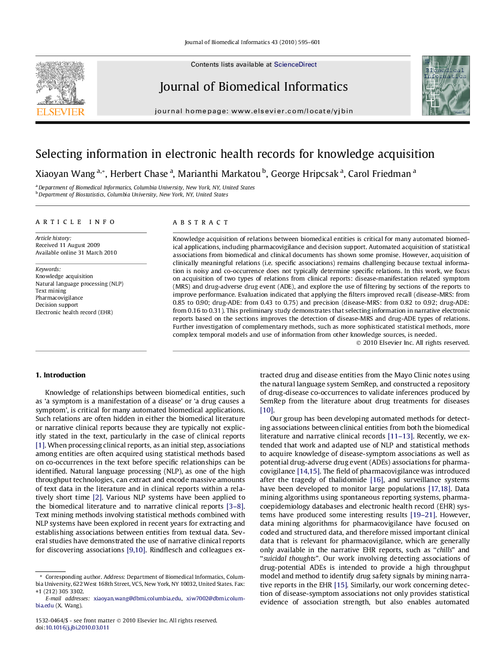 Selecting information in electronic health records for knowledge acquisition