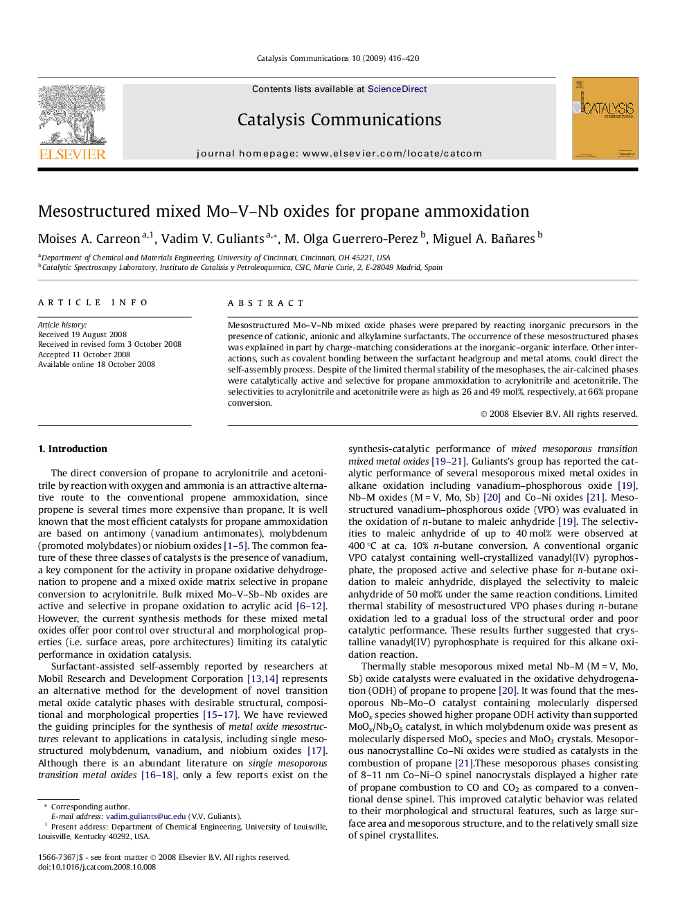 Mesostructured mixed Mo–V–Nb oxides for propane ammoxidation