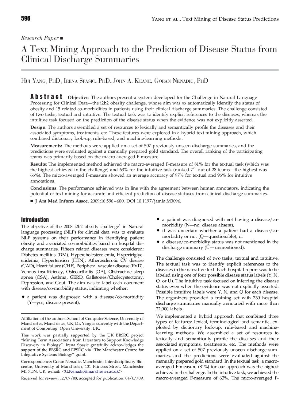 A Text Mining Approach to the Prediction of Disease Status from Clinical Discharge Summaries