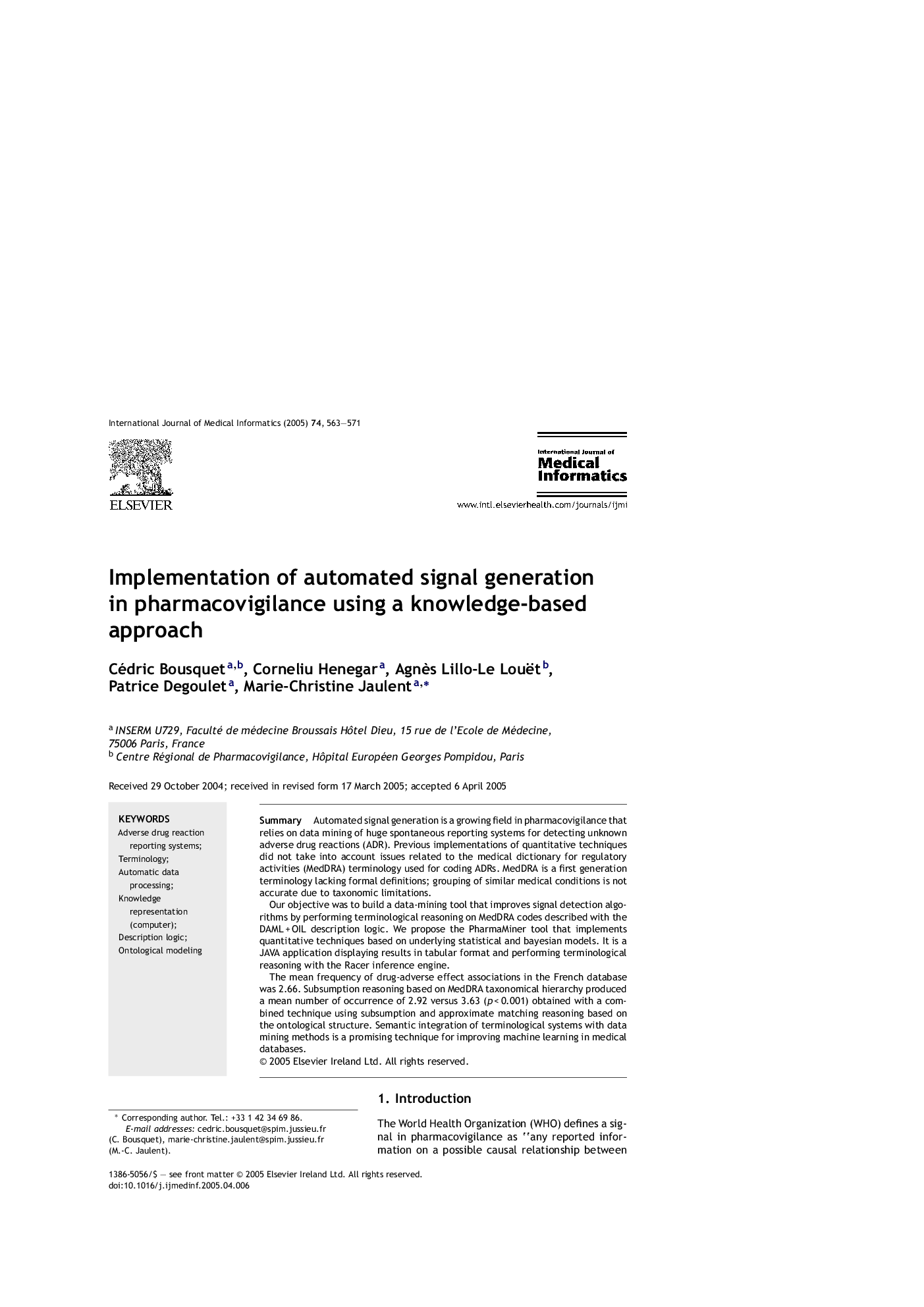 Implementation of automated signal generation in pharmacovigilance using a knowledge-based approach