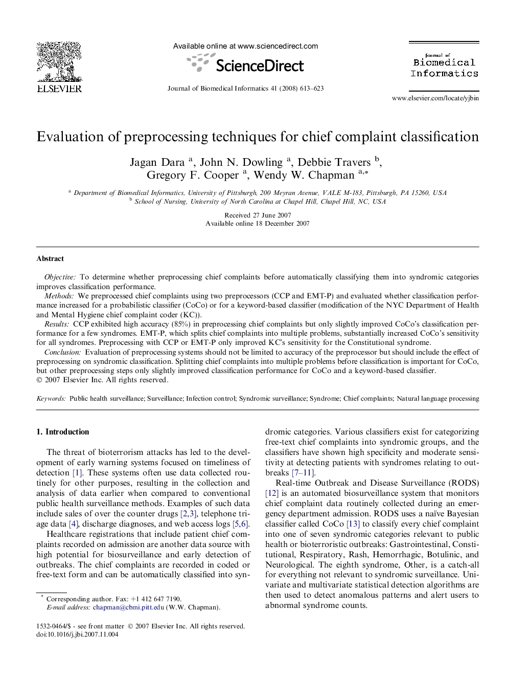 Evaluation of preprocessing techniques for chief complaint classification