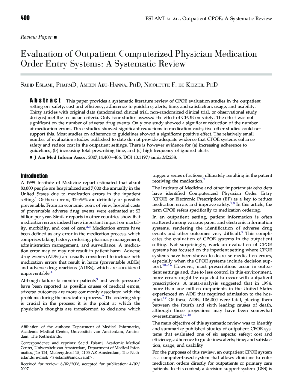 Evaluation of Outpatient Computerized Physician Medication Order Entry Systems: A Systematic Review