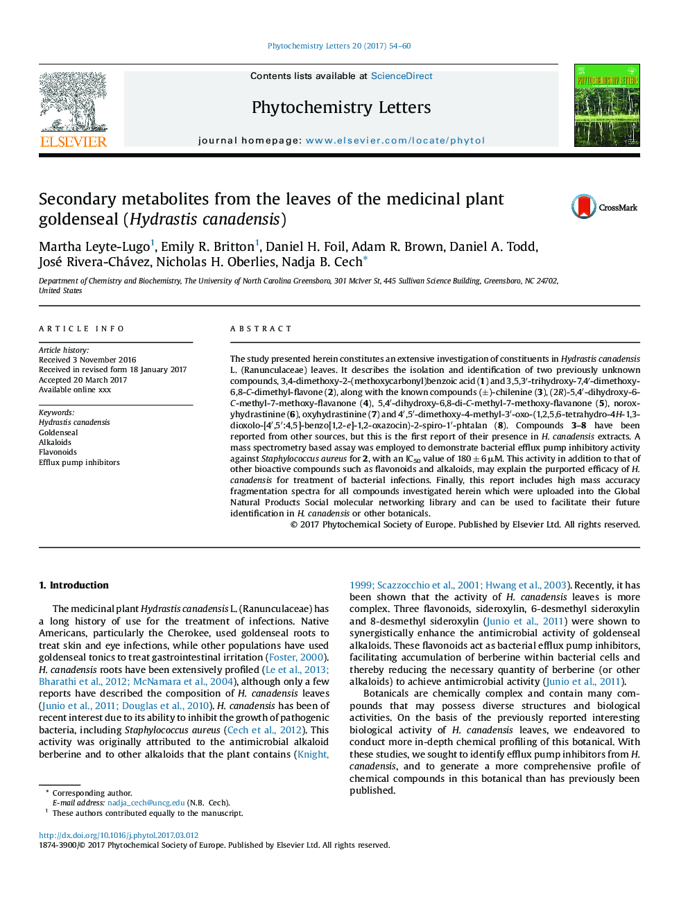 Secondary metabolites from the leaves of the medicinal plant goldenseal (Hydrastis canadensis)