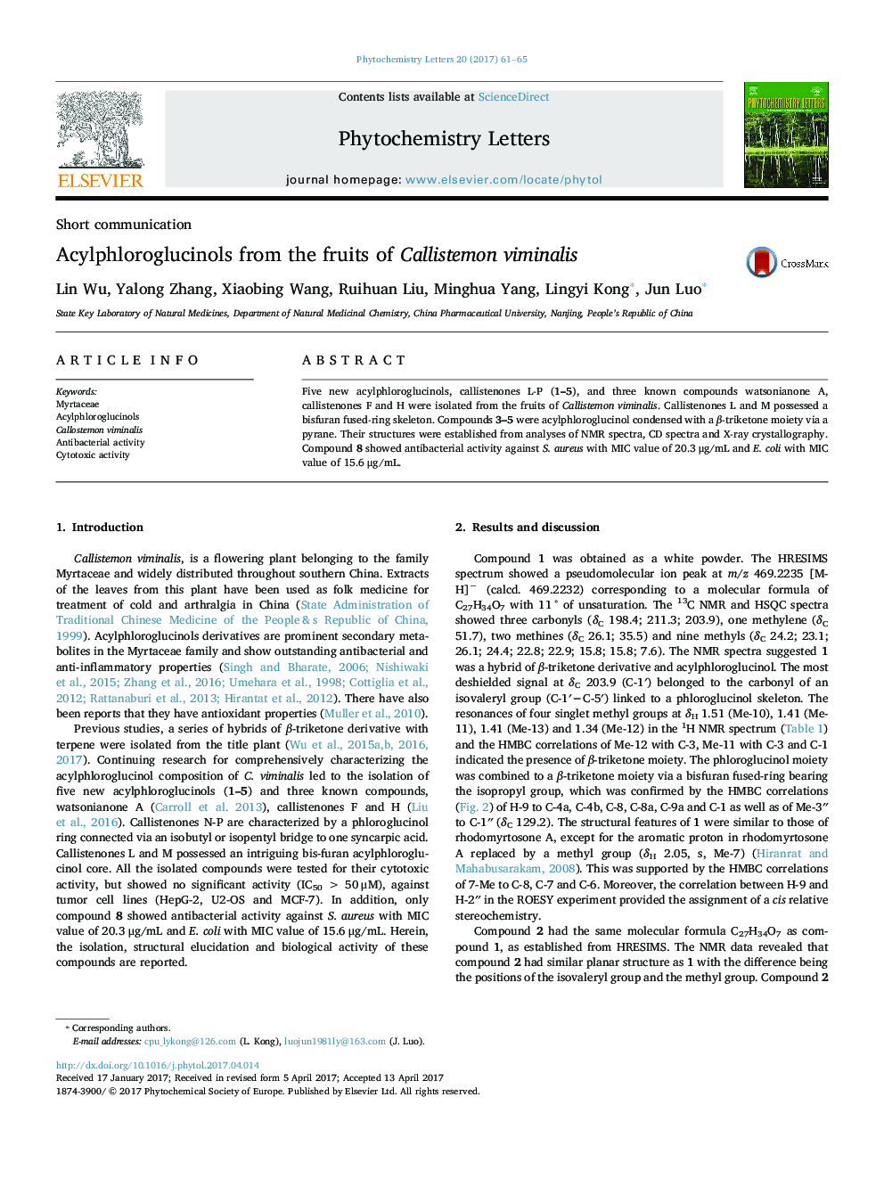 عکس صفحه اول مقاله: Acylphloroglucinols from the fruits of Callistemon viminalis Acylphloroglucinols from the fruits of Callistemon viminalis