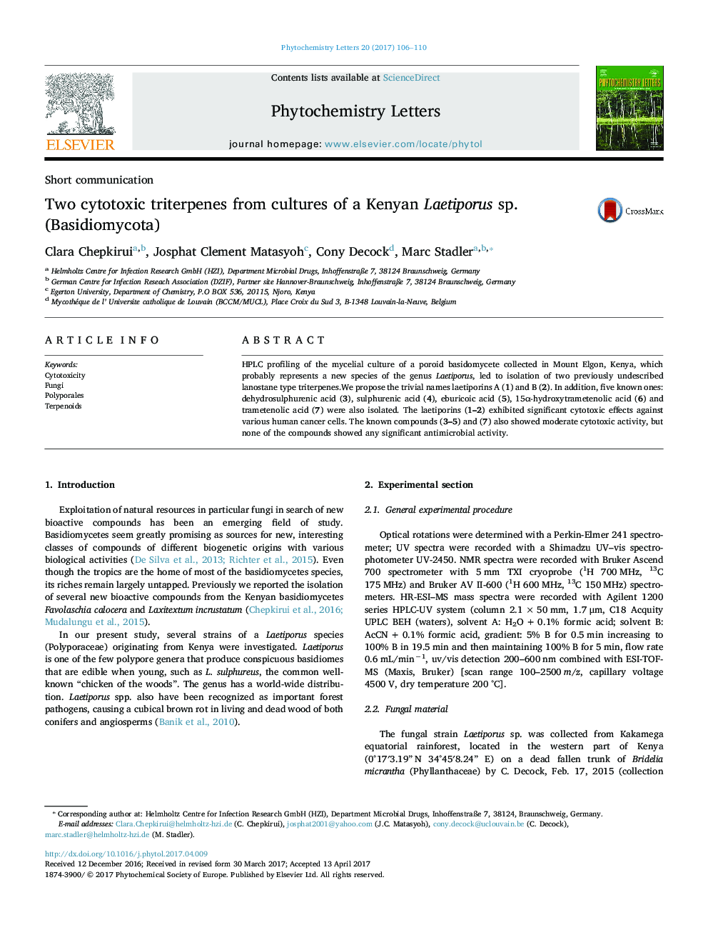 Two cytotoxic triterpenes from cultures of a Kenyan Laetiporus sp. (Basidiomycota)