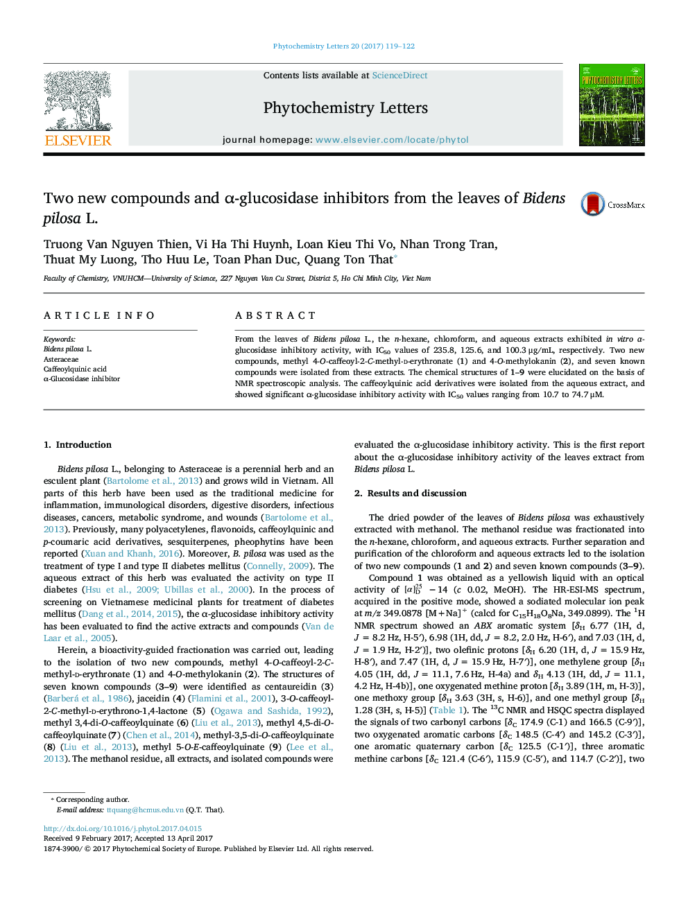 Two new compounds and Î±-glucosidase inhibitors from the leaves of Bidens pilosa L.