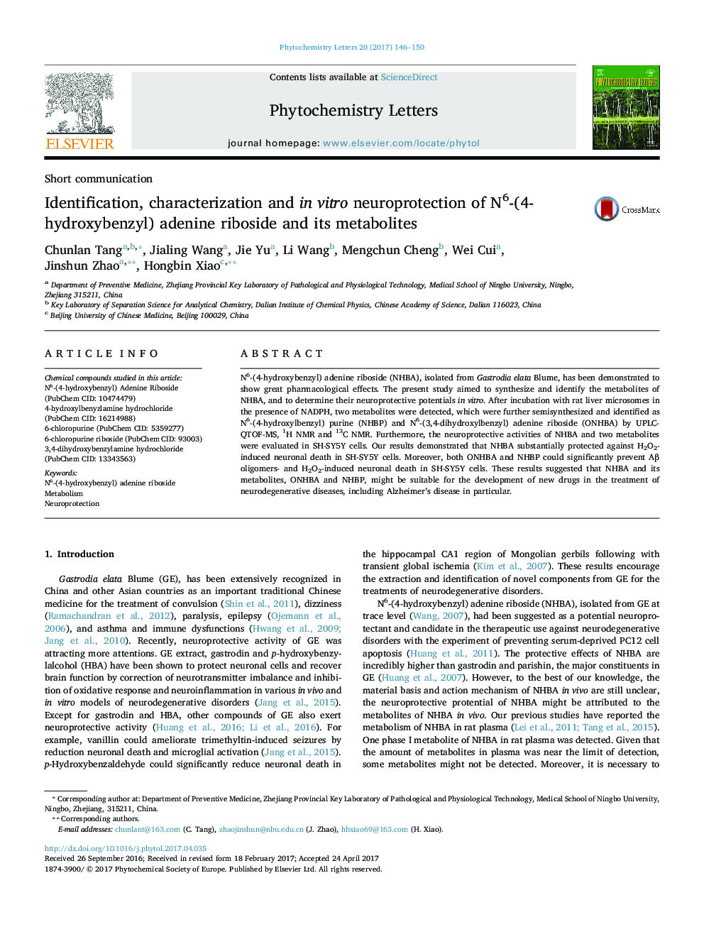 Identification, characterization and in vitro neuroprotection of N6-(4-hydroxybenzyl) adenine riboside and its metabolites