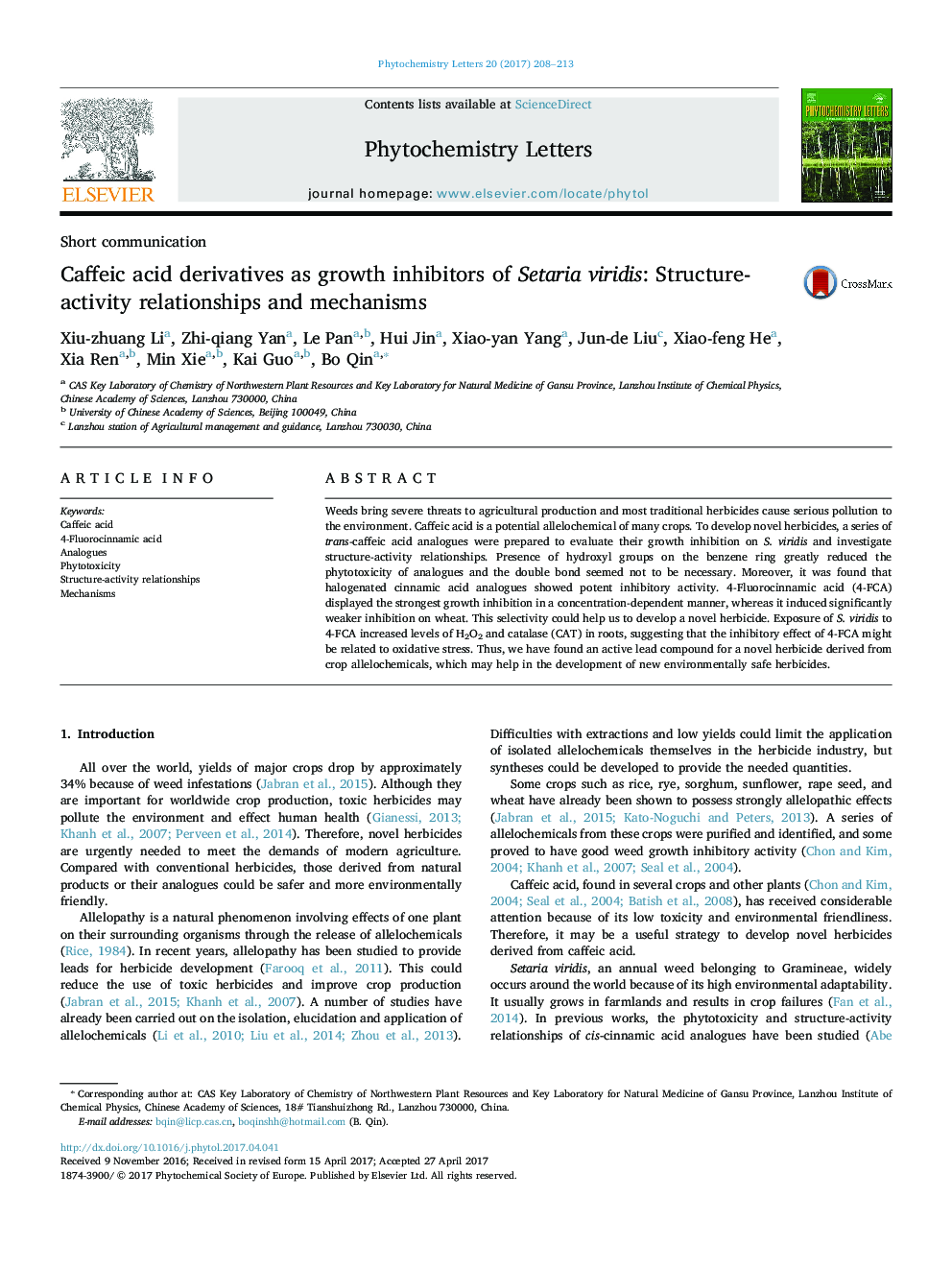 Caffeic acid derivatives as growth inhibitors of Setaria viridis: Structure-activity relationships and mechanisms