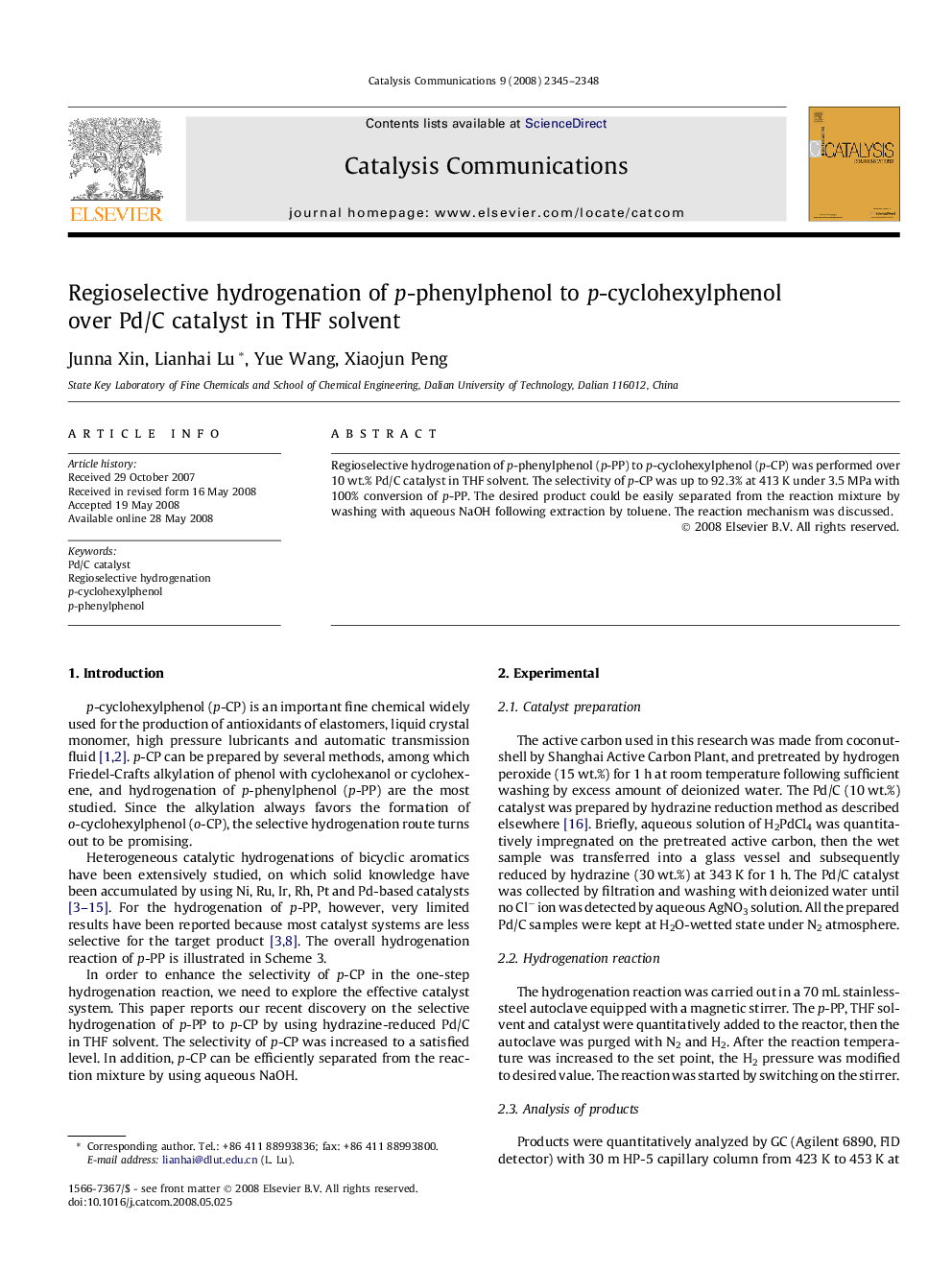 Regioselective hydrogenation of p-phenylphenol to p-cyclohexylphenol over Pd/C catalyst in THF solvent