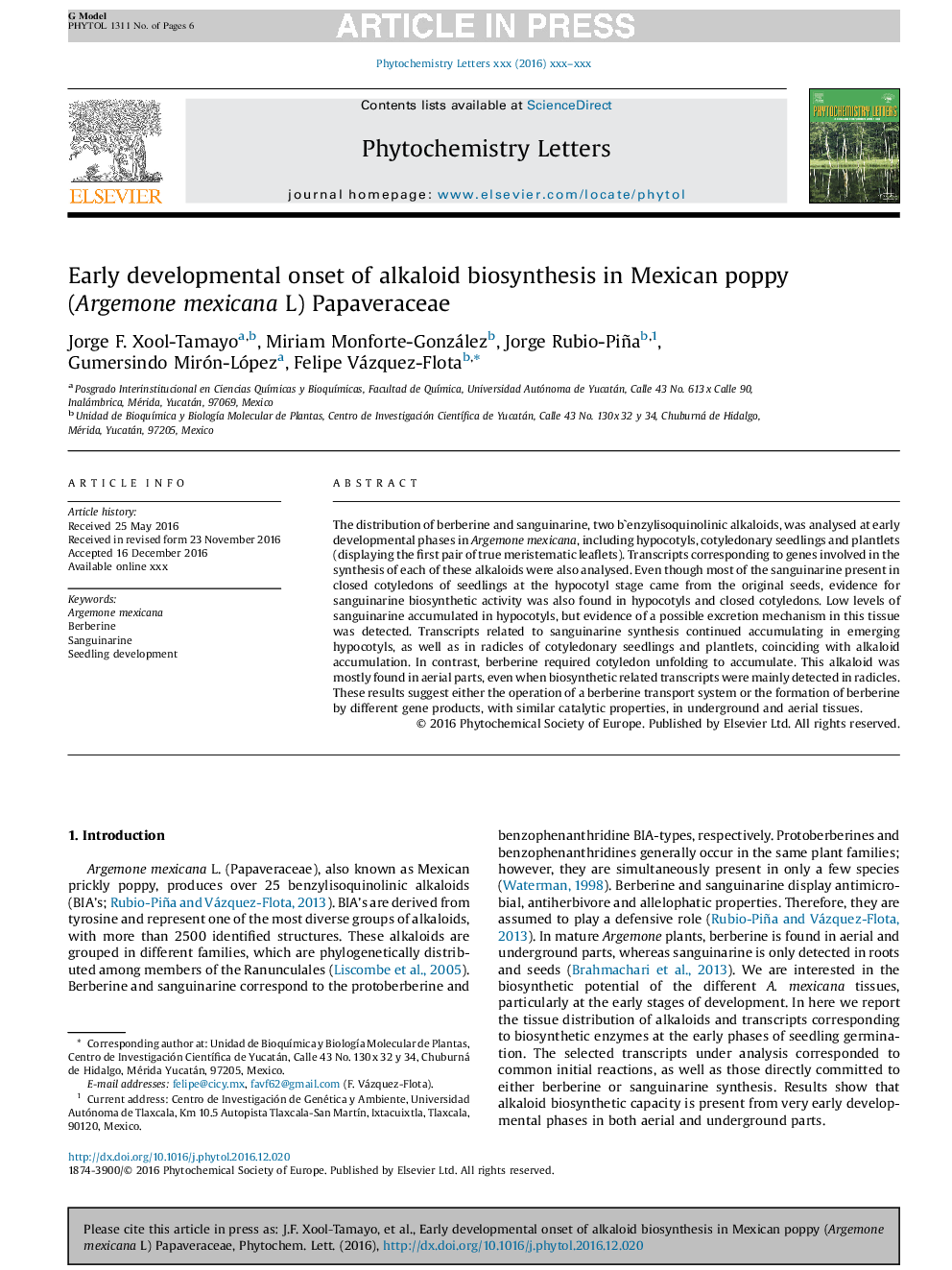 Early developmental onset of alkaloid biosynthesis in Mexican poppy (Argemone mexicana L) Papaveraceae