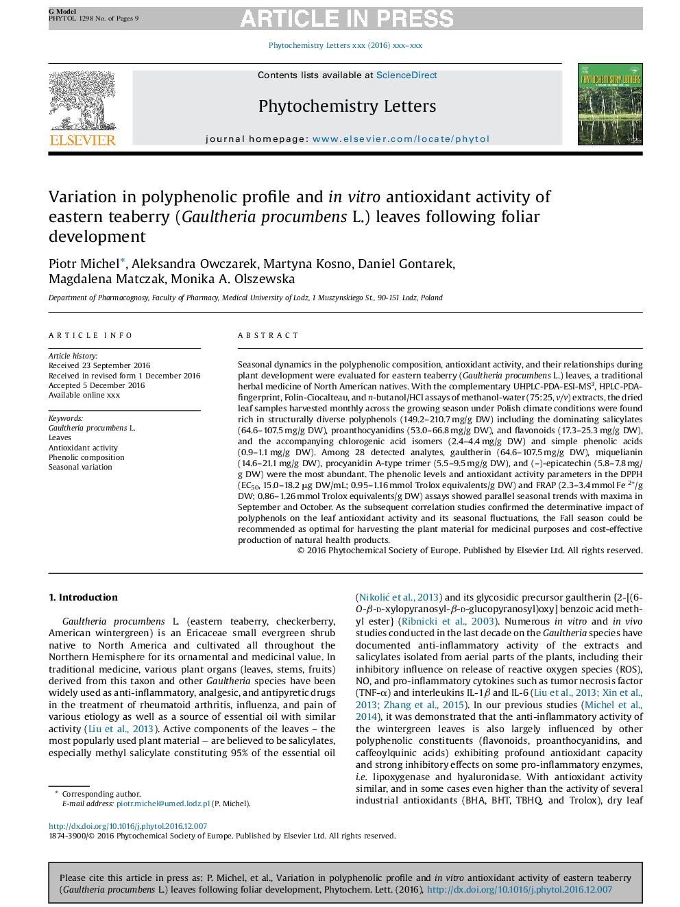 Variation in polyphenolic profile and in vitro antioxidant activity of eastern teaberry (Gaultheria procumbens L.) leaves following foliar development