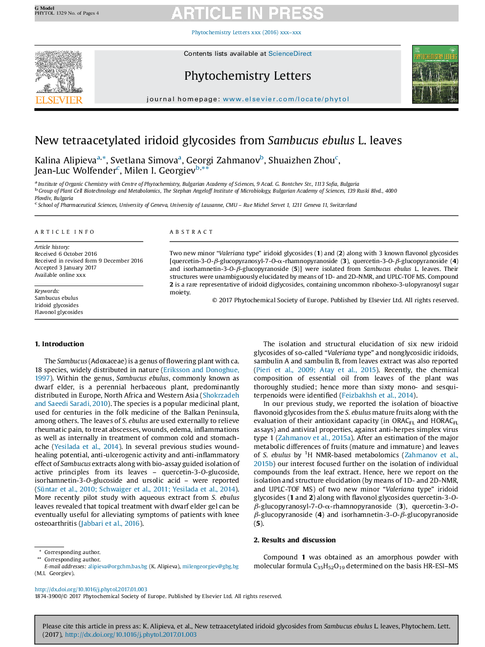 New tetraacetylated iridoid glycosides from Sambucus ebulus L. leaves